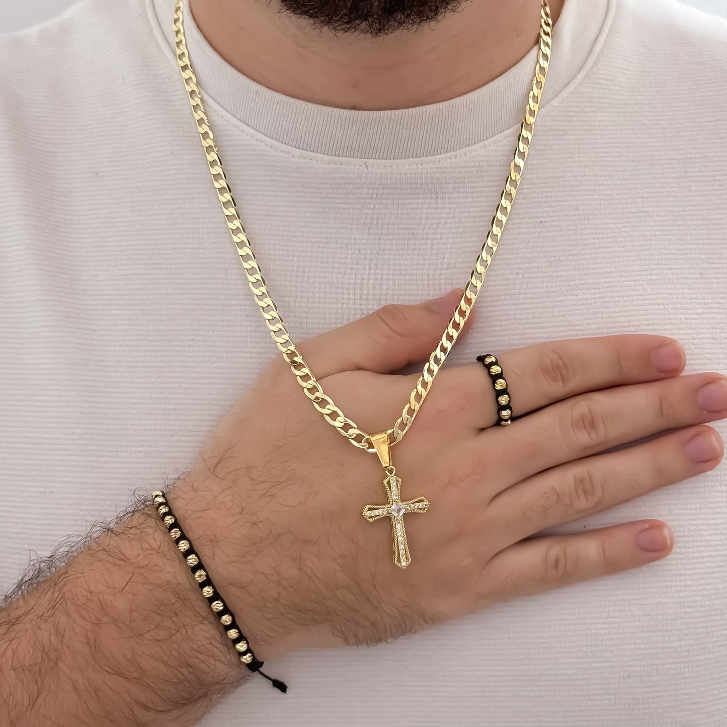 Cadena Tejido Cubana de Hombre de 60cm de 5mm de Grosor + Cruz Trébol de Micro Circones + Juego de Pulsera Tejida balin italiano + Anillo Tejido Ajustable de 4mm de Grosor en Oro Laminado 18k con Garantia de por vida