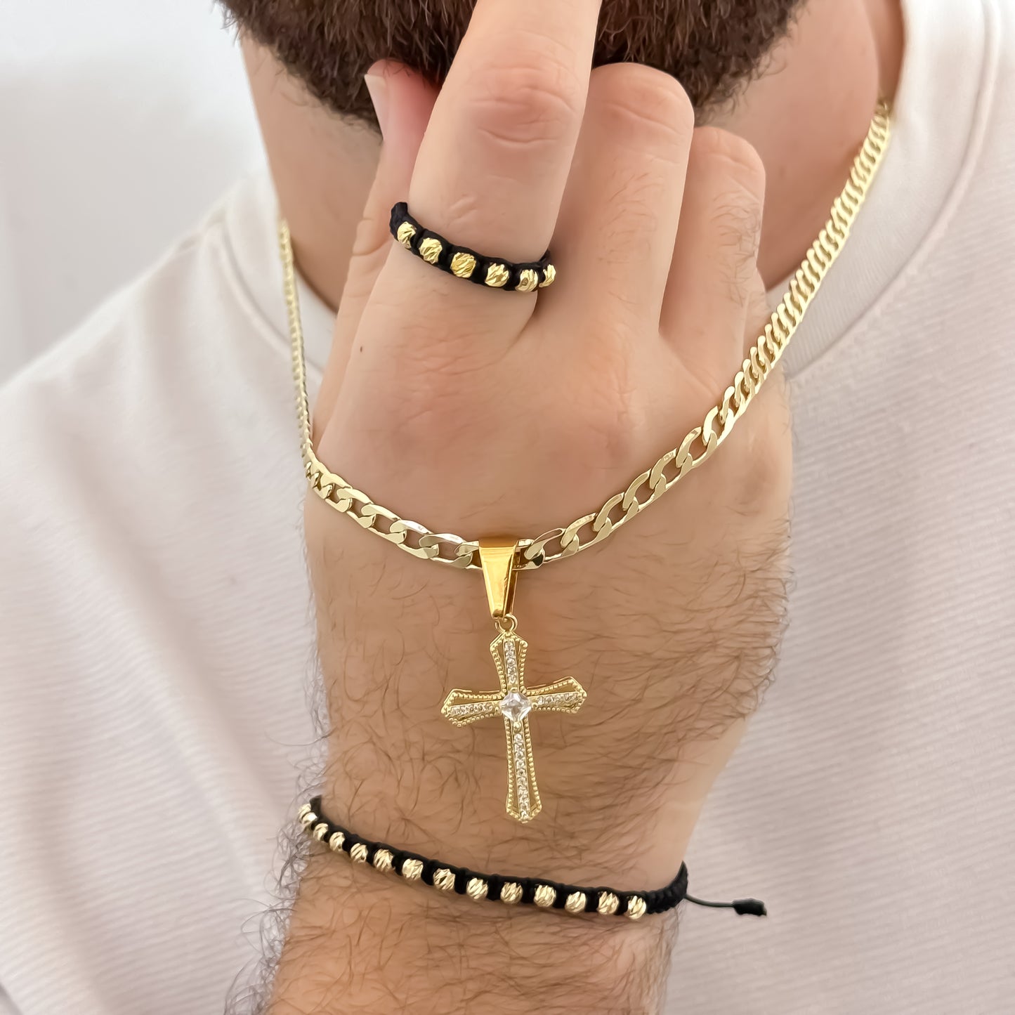 Cadena Tejido Cubana de Hombre de 60cm de 5mm de Grosor + Cruz Trébol de Micro Circones + Juego de Pulsera Tejida balin italiano + Anillo Tejido Ajustable de 4mm de Grosor en Oro Laminado 18k con Garantia de por vida