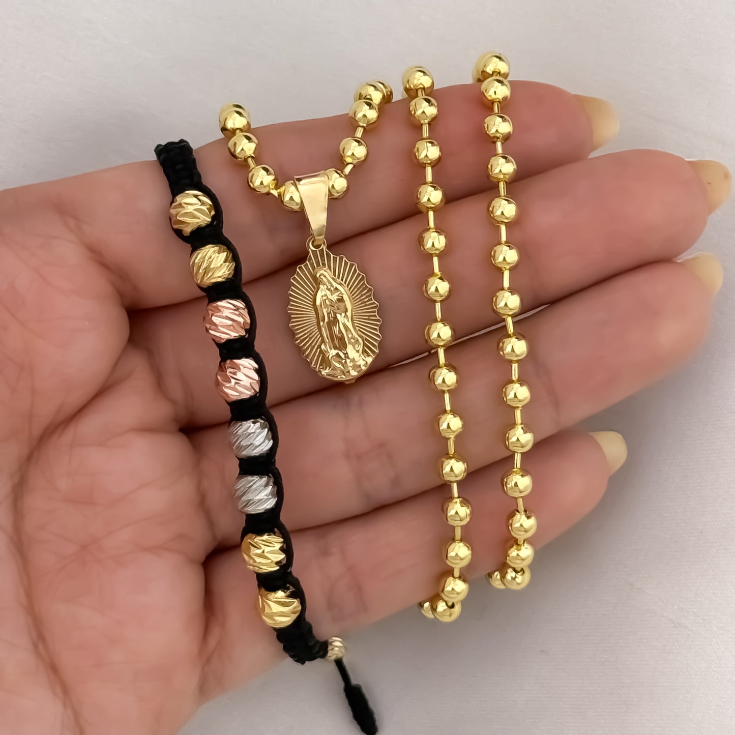 Conjunto de Cadena Tejido Militar de Dama de 45cm + Virgen de Guadalupe + Pulseras Balin italiano de Oros en Oro Laminado 18k con Garantía de por vida