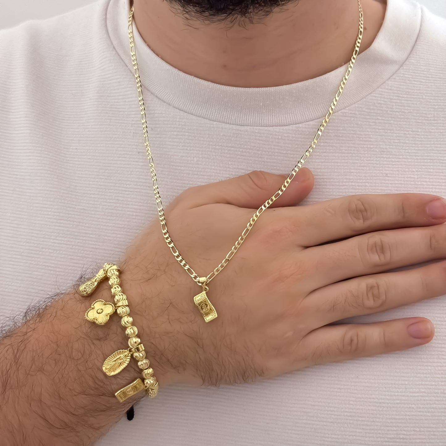 Cadena Tejido Catier de hombre de 60cm de 3mm de grosor + Dije de Dolar + Pulsera de Abundancia y Prosperidad en Oro Laminado 18k con Garantia de por vida