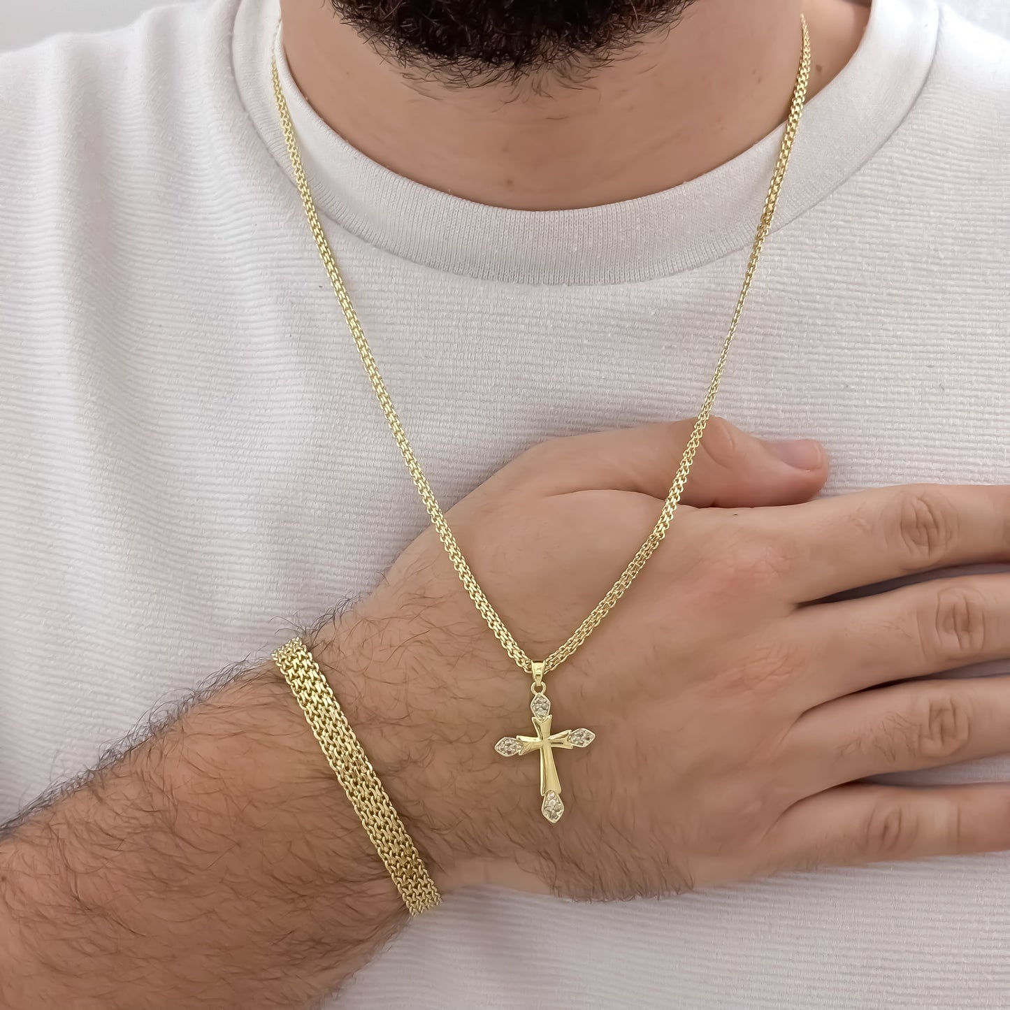 Cadena Tejido Chino de Hombre de 60cm de 3mm de Grosor + Cruz Trebol con micro circones + Pulsera Tejido Chino Gruesa de 20cm de 6mmm de Grosor en Oro Laminado 18k con Garantia de por vida