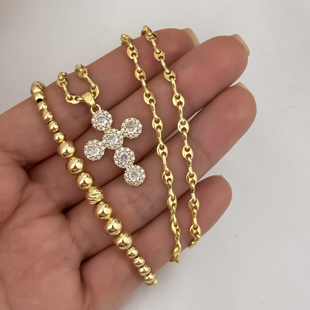 Cadena Tejido Gucci de Dama de 45cm de 3mm de Grosor + Cruz Blanca con Micro Circones Cristales + Pulsera Full balines de 4mm en Oro Laminado 18k con Garantia de por vida