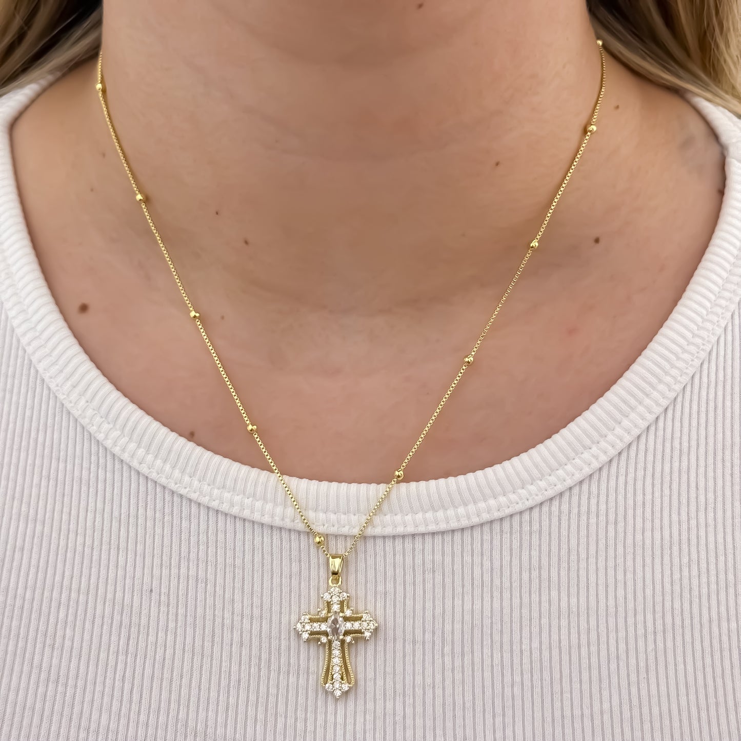 Cadena Tejido Veneciano de Dama Doble Balin + Cruz con Micro Circones Cristales en Oro Laminado 18k con Garantia de por vida