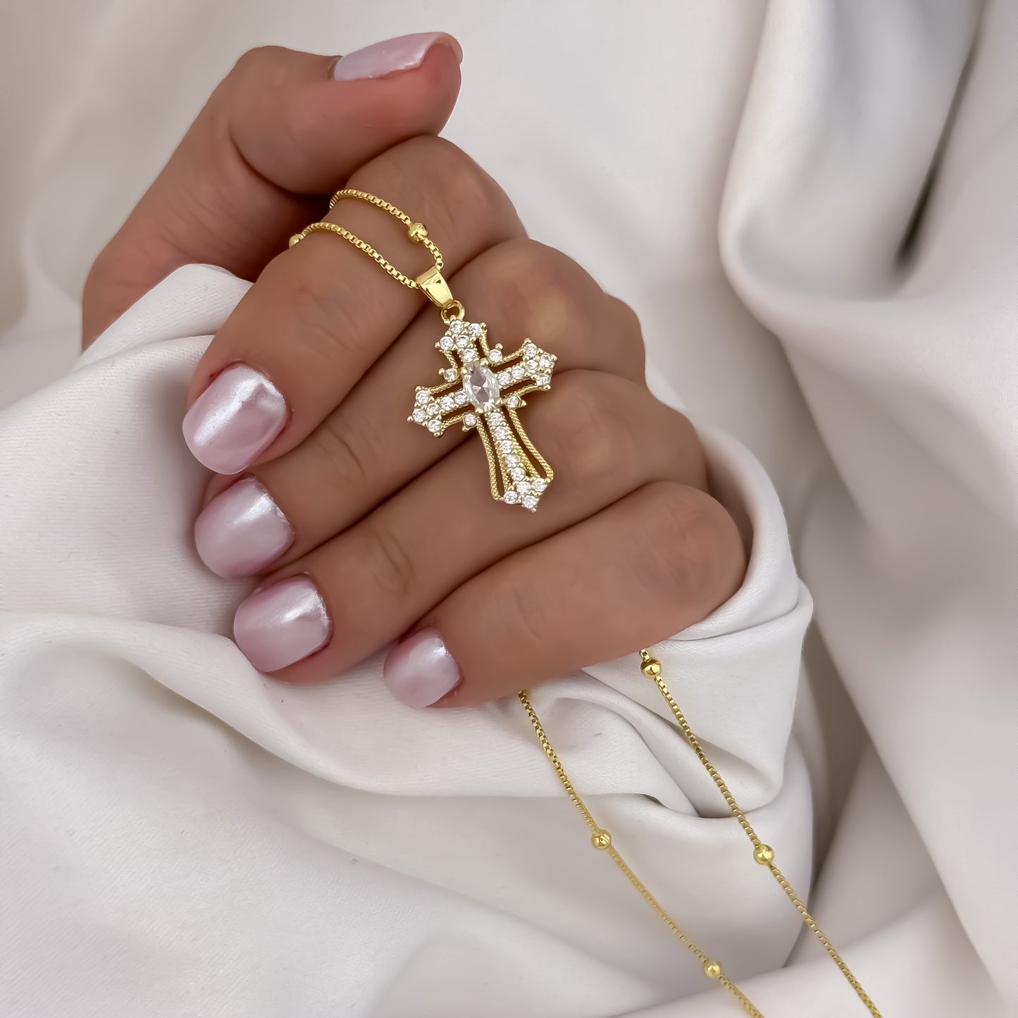Cadena Tejido Veneciano de Dama Doble Balin + Cruz con Micro Circones Cristales en Oro Laminado 18k con Garantia de por vida
