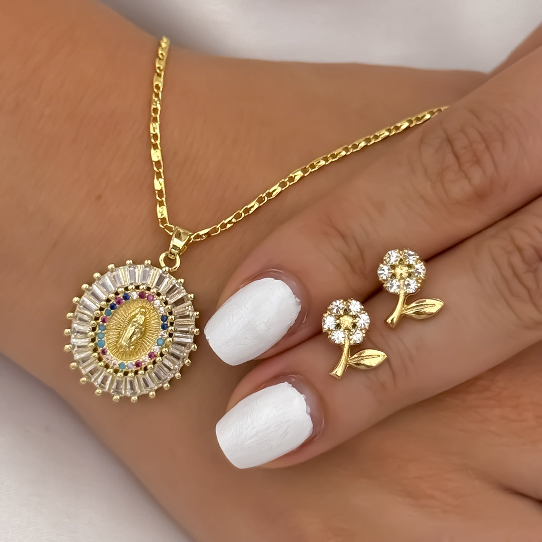 Cadena Tejido Escalera Plana de 45cm de 3mm de Grosor + Virgen de Guadalupe con Micro circones + Topos Flor con Micro circones en Oro Laminado 18k con Garantía de por vida incluye certificado