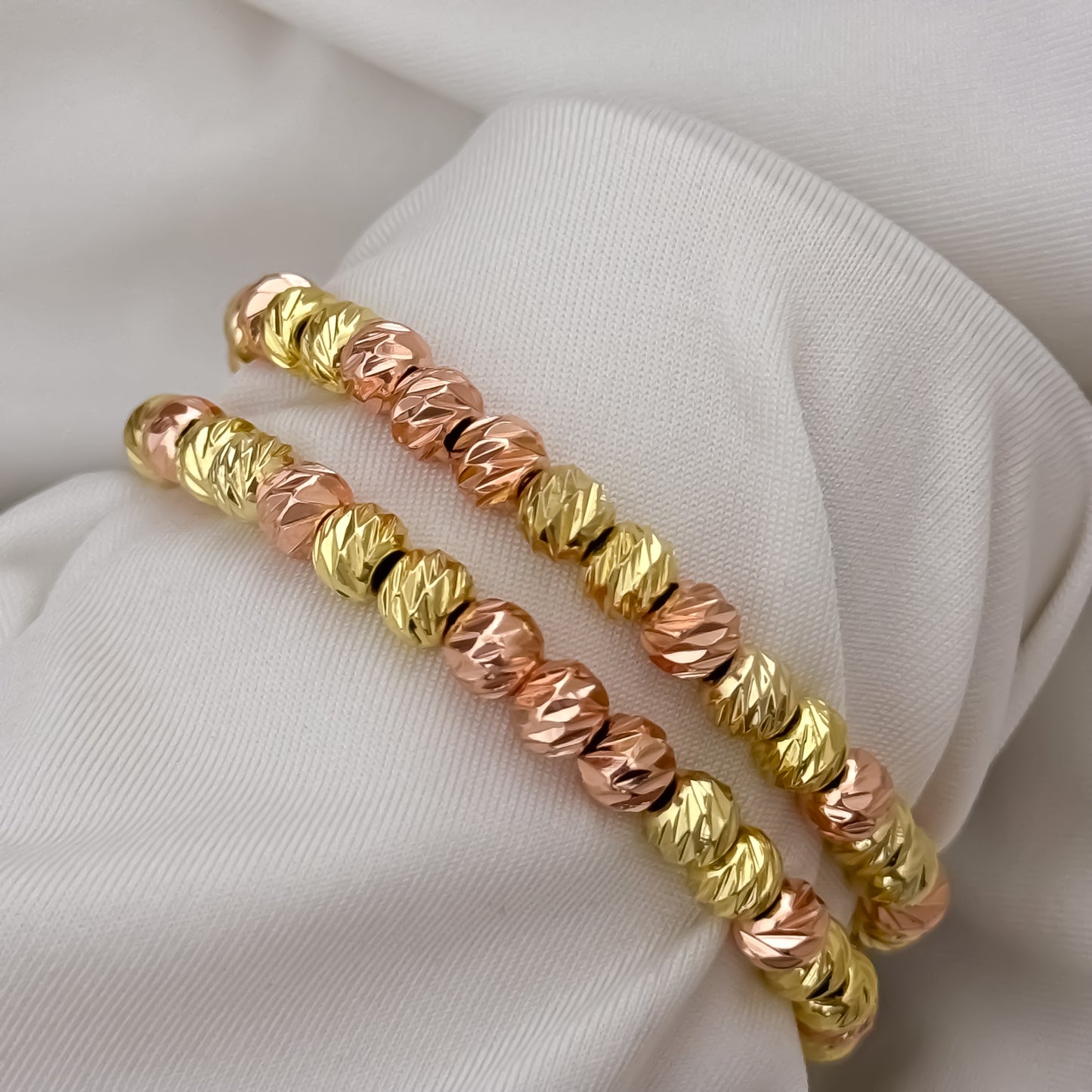 Juego de 2 Pulseras de 2 Oros Rosado + Oro Amarillo en Balin italiano de 6mm en Oro Laminado 18k con Garantía de por vida