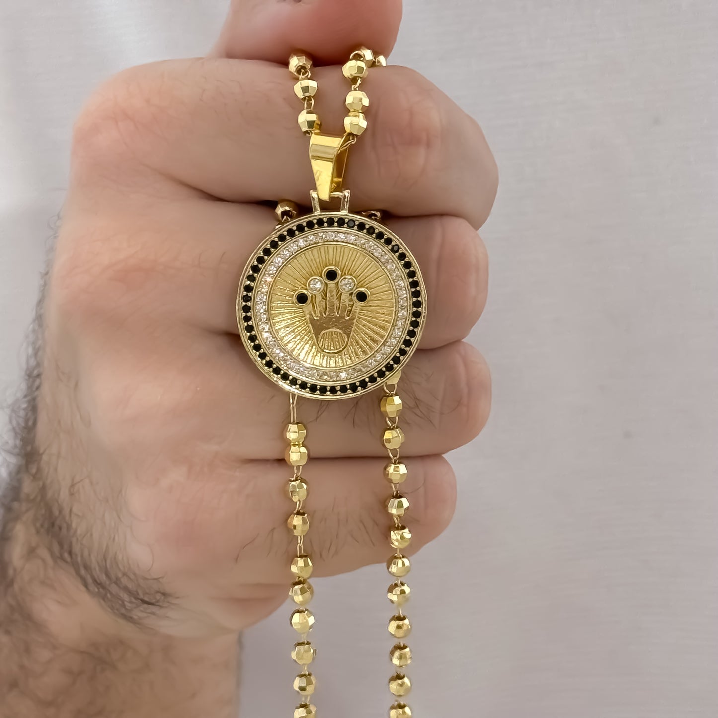 Cadena Tejido Militar Diamantada de Hombre de 60cm de 4mm de Groso + Dije de Corona Rolex con Micro Circones Negro en Oro Laminado 18k