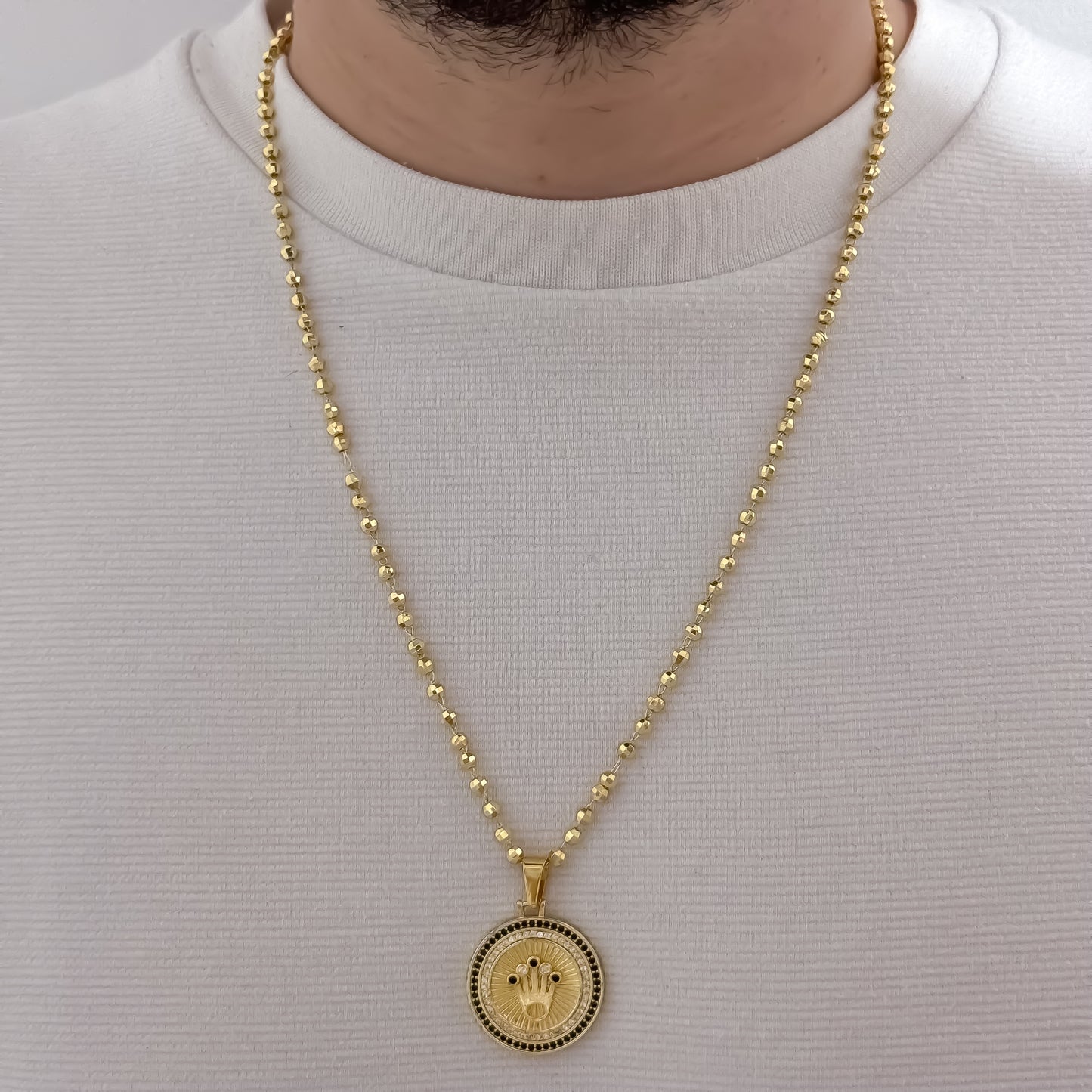 Cadena Tejido Militar Diamantada de Hombre de 60cm de 4mm de Groso + Dije de Corona Rolex con Micro Circones Negro en Oro Laminado 18k