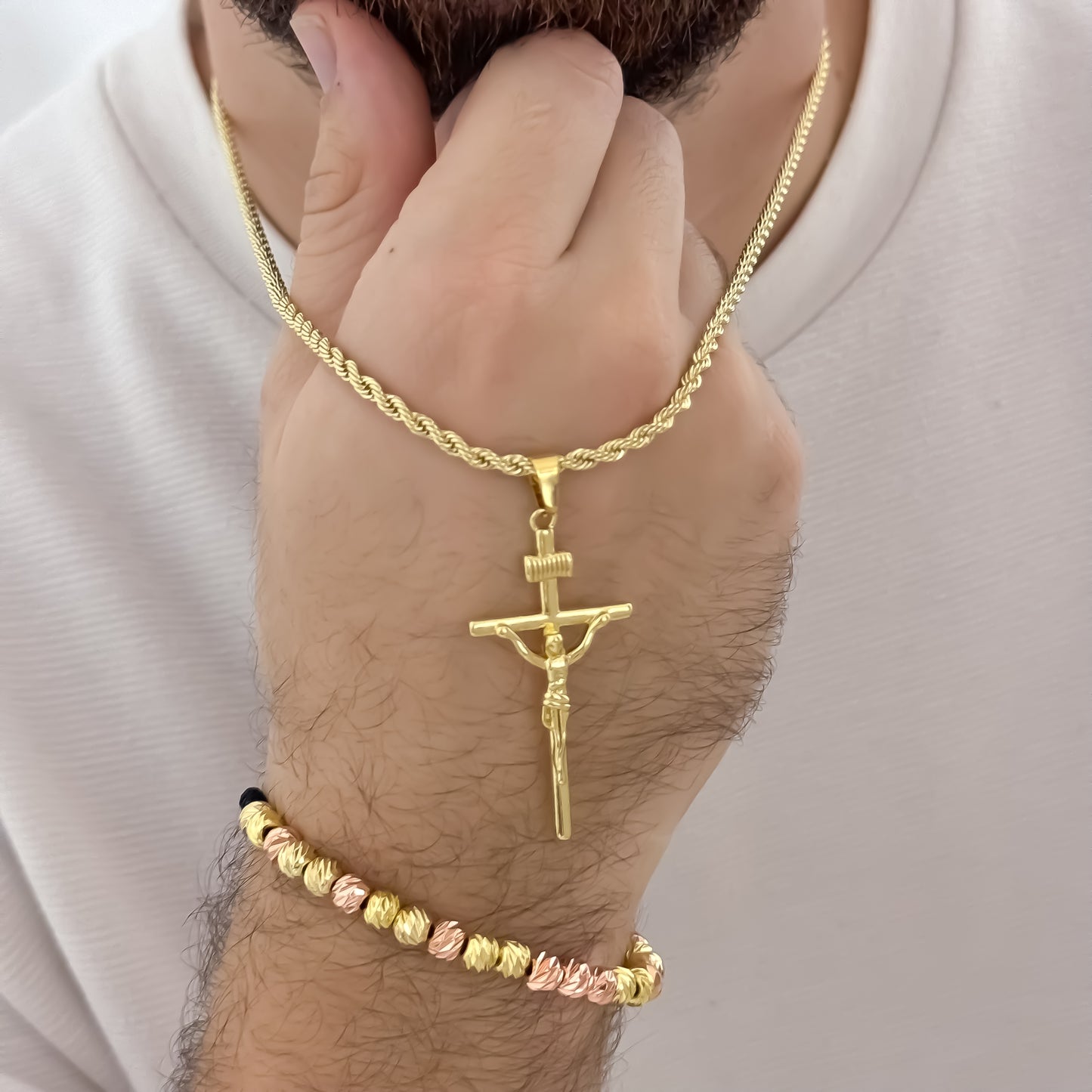 Cadena Tejido Lazo Siciliano de 60cm de 3mm de Grosor + Cruz Cristo Madero INRID + Pulsera balin Italiano Oro Rosa - Amarilo en Oro Laminado 18k con Garantía de por vida