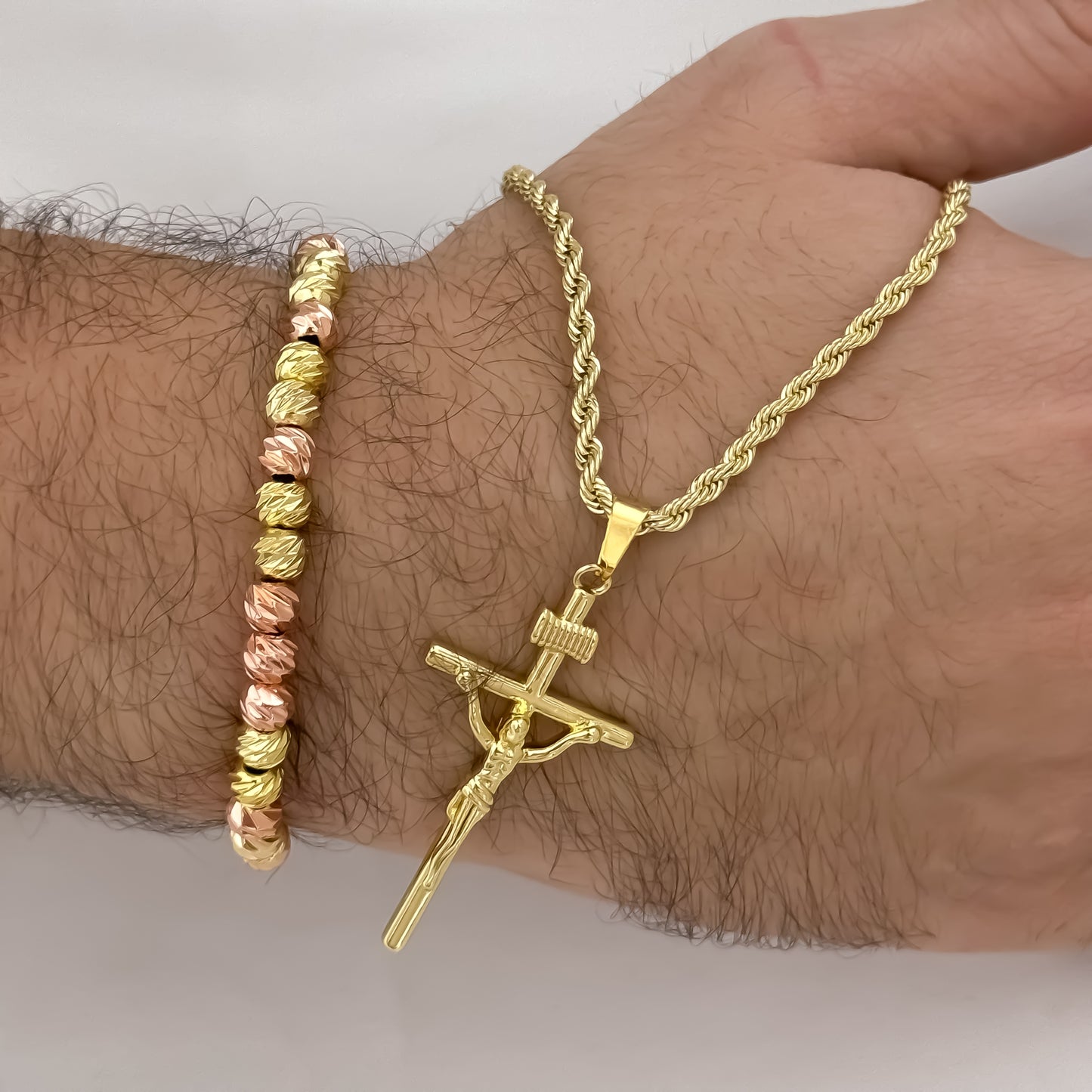 Cadena Tejido Lazo Siciliano de 60cm de 3mm de Grosor + Cruz Cristo Madero INRID + Pulsera balin Italiano Oro Rosa - Amarilo en Oro Laminado 18k con Garantía de por vida