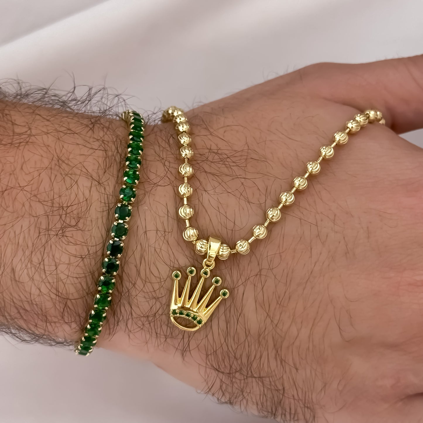 Cadena Tejido Militar de Hombre Diamantada de 60cm de 4mm de Grosor + Corona Rolex con Micro circones verde + Pulsera Tennis Verde en Oro laminado 18k con Garantia