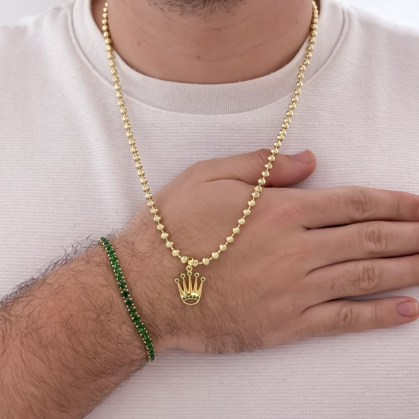 Cadena Tejido Militar de Hombre Diamantada de 60cm de 4mm de Grosor + Corona Rolex con Micro circones verde + Pulsera Tennis Verde en Oro laminado 18k con Garantia
