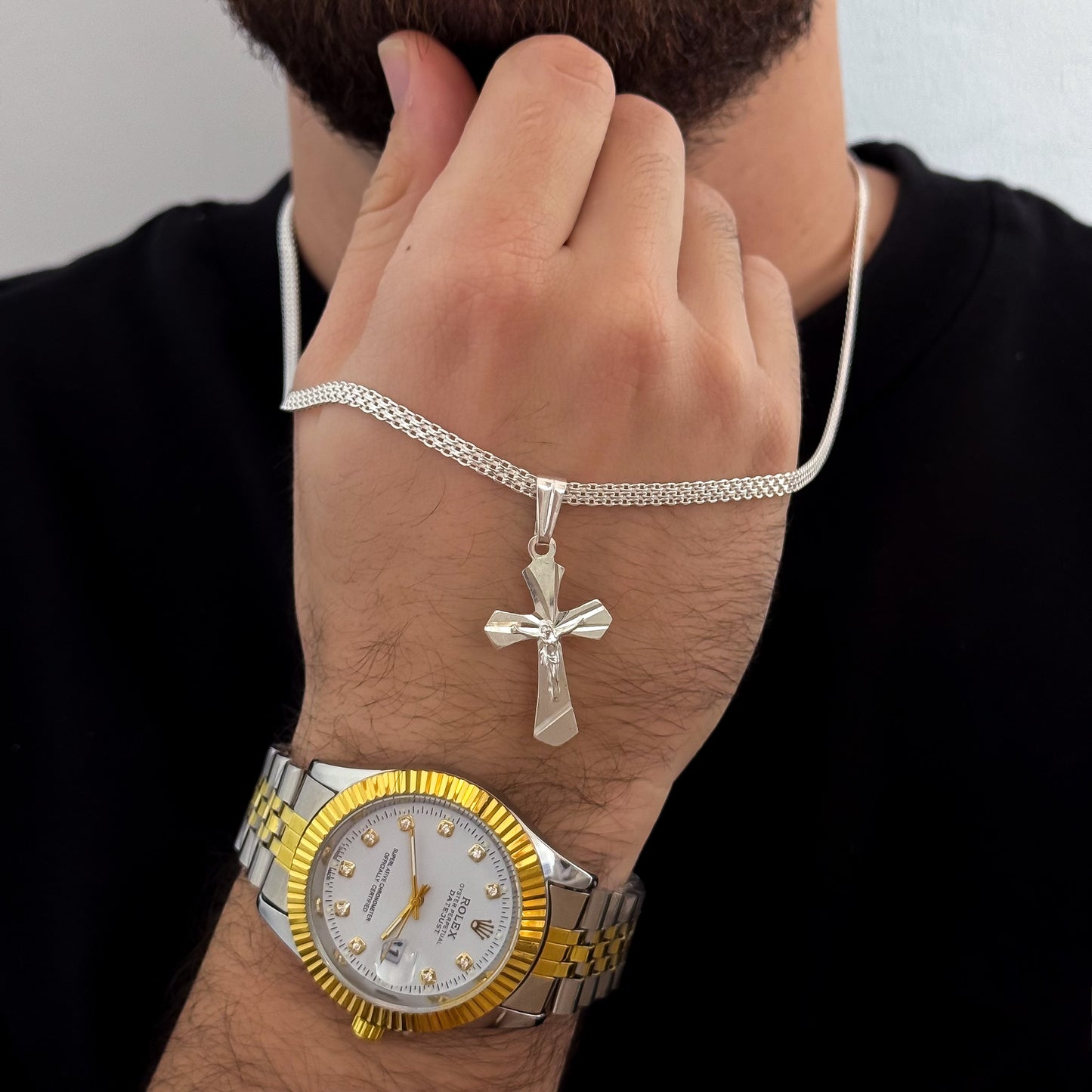 Cadena Tejido Chino de Hombre de 60cm de 4mm + Cruz con Destellos en Plata 925 Garantizada + Reloj Rolex 1,1 en Plata + Reloj en Baño de Oro con Garantia