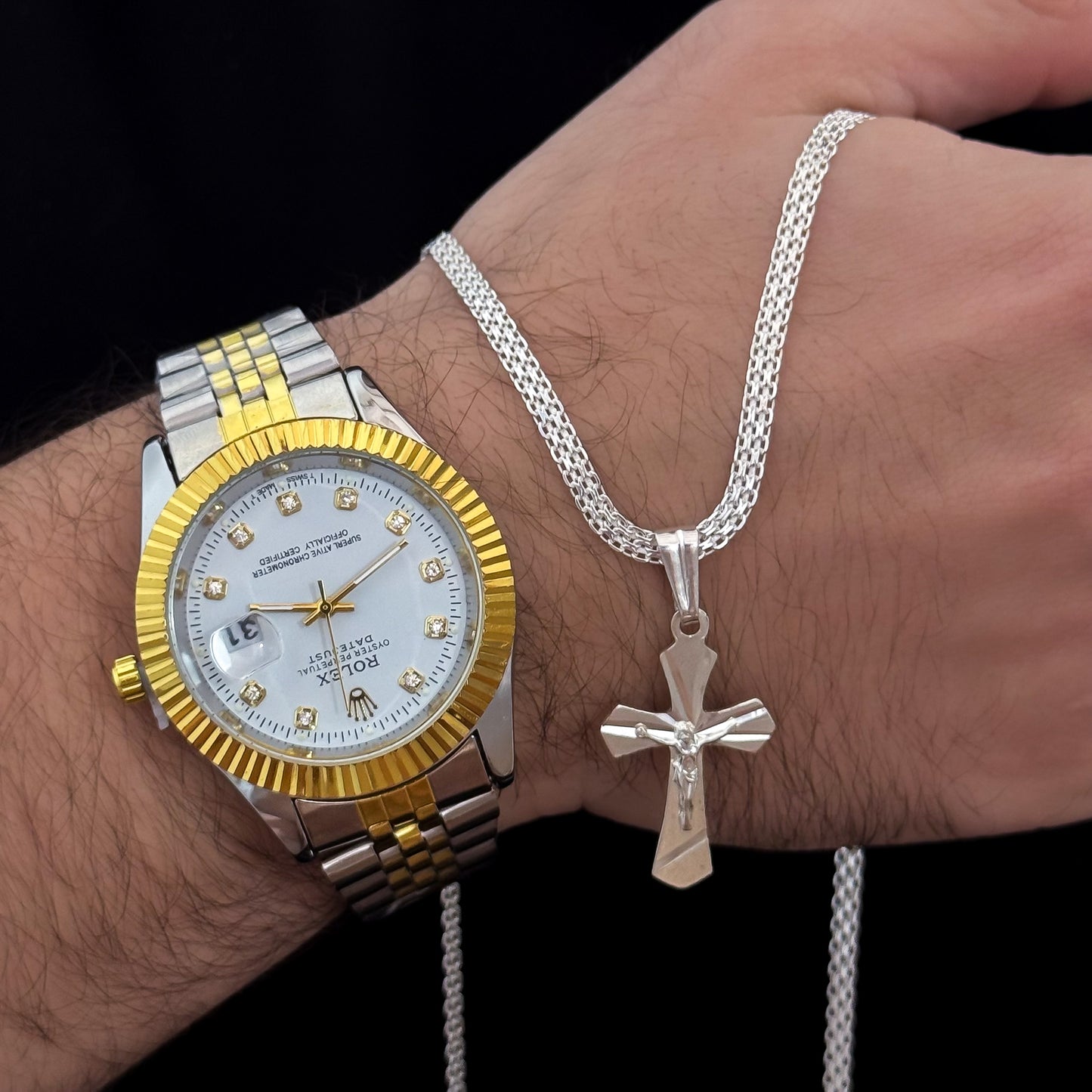 Cadena Tejido Chino de Hombre de 60cm de 4mm + Cruz con Destellos en Plata 925 Garantizada + Reloj Rolex 1,1 en Plata + Reloj en Baño de Oro con Garantia