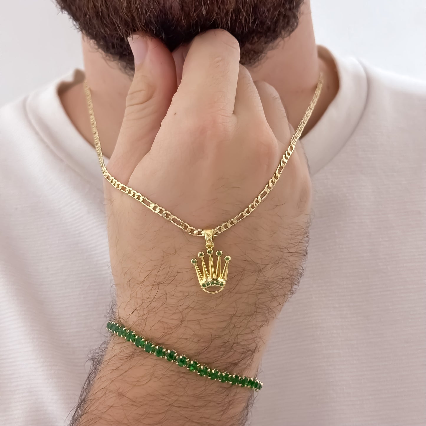 Cadena Tejido Cartier de hombre de 60cm de 3mm + Dije de Corona Rolex Verde Esmeralda + Pulsera Tennis verde Esmeralda en Oro Laminado 18k con Garantia de por vida