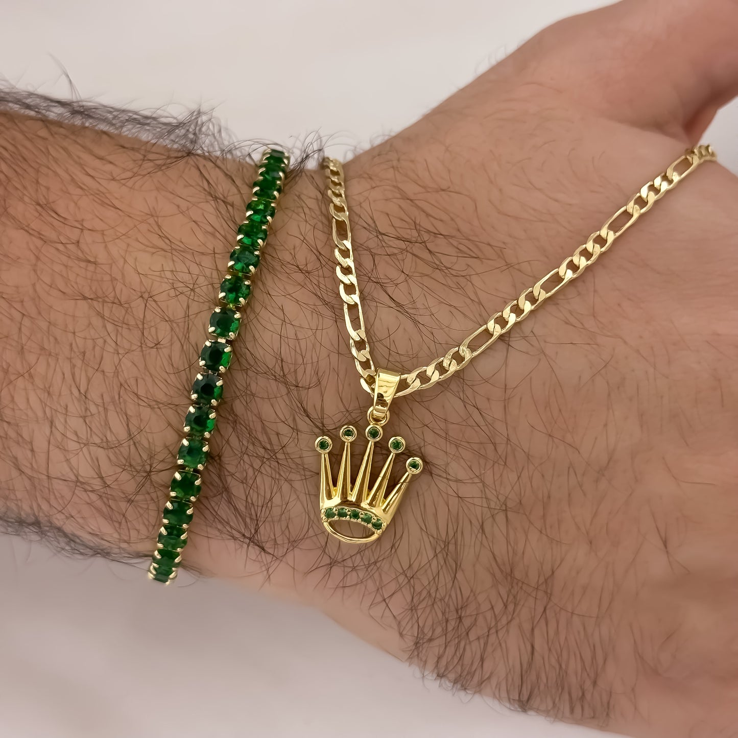 Cadena Tejido Cartier de hombre de 60cm de 3mm + Dije de Corona Rolex Verde Esmeralda + Pulsera Tennis verde Esmeralda en Oro Laminado 18k con Garantia de por vida