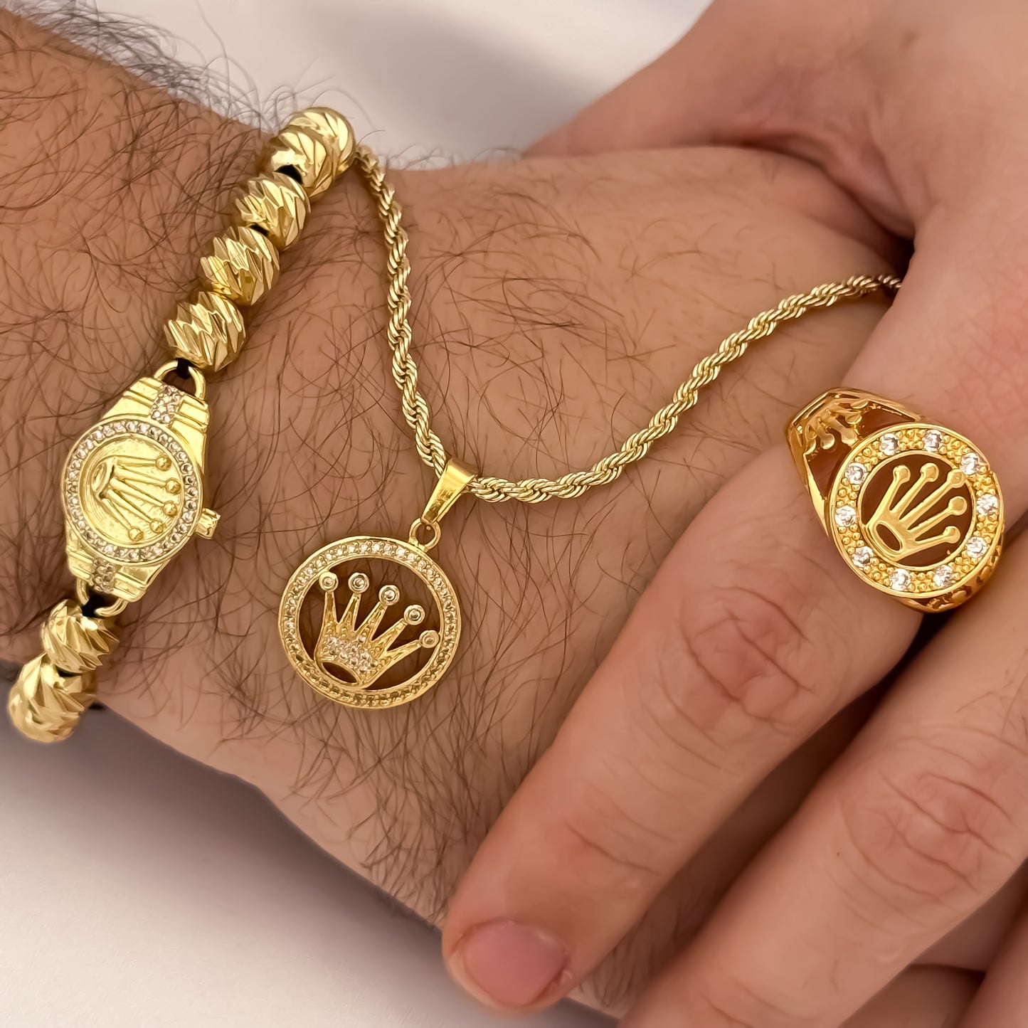 Cadena Tejido lazo Siciliano de hombre de 60cm de 3mm + Dije de Corona Rolex con Micro Circones Cristales + Anillo Rolex Ajustable + Pulsera Rolex en Balin italiano de 8mm en Oro Laminado 18k con Garantia de por vida