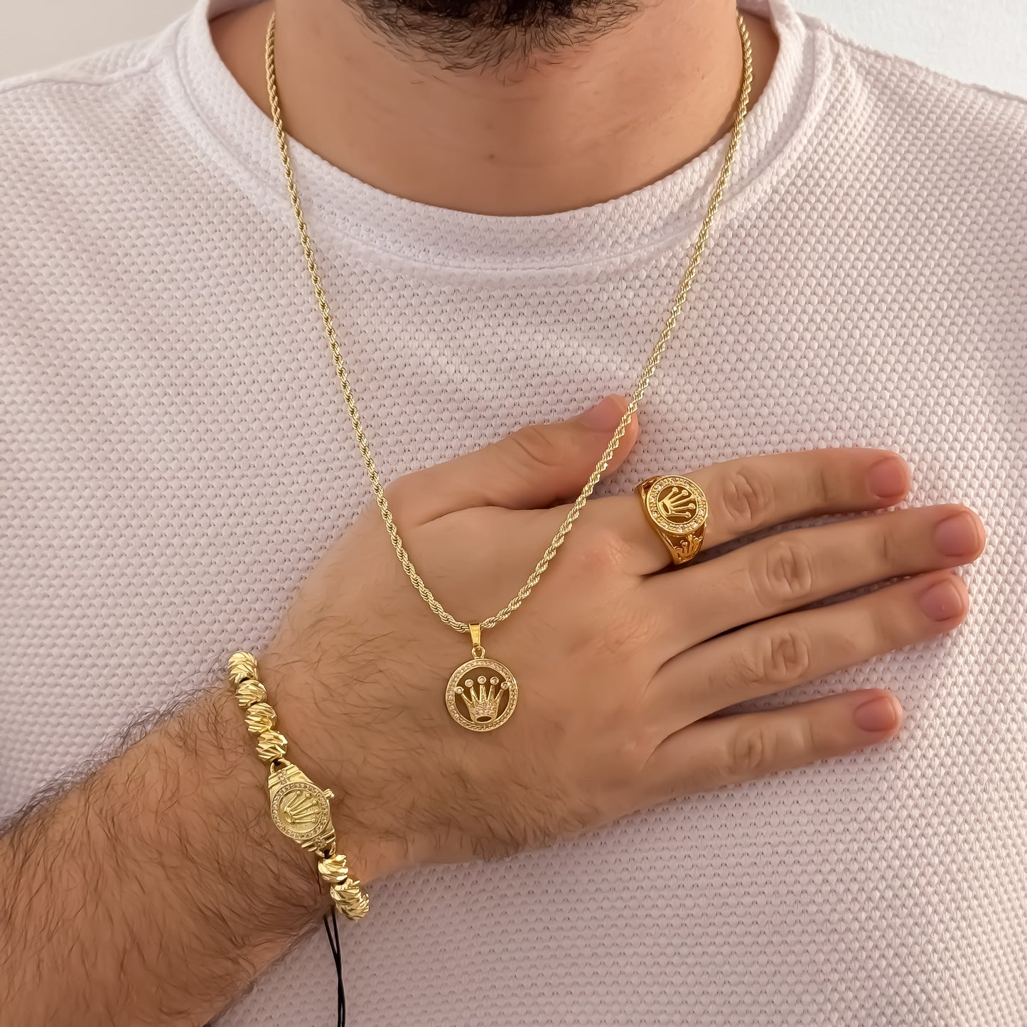 Cadena Tejido lazo Siciliano de hombre de 60cm de 3mm + Dije de Corona Rolex con Micro Circones Cristales + Anillo Rolex Ajustable + Pulsera Rolex en Balin italiano de 8mm en Oro Laminado 18k con Garantia de por vida
