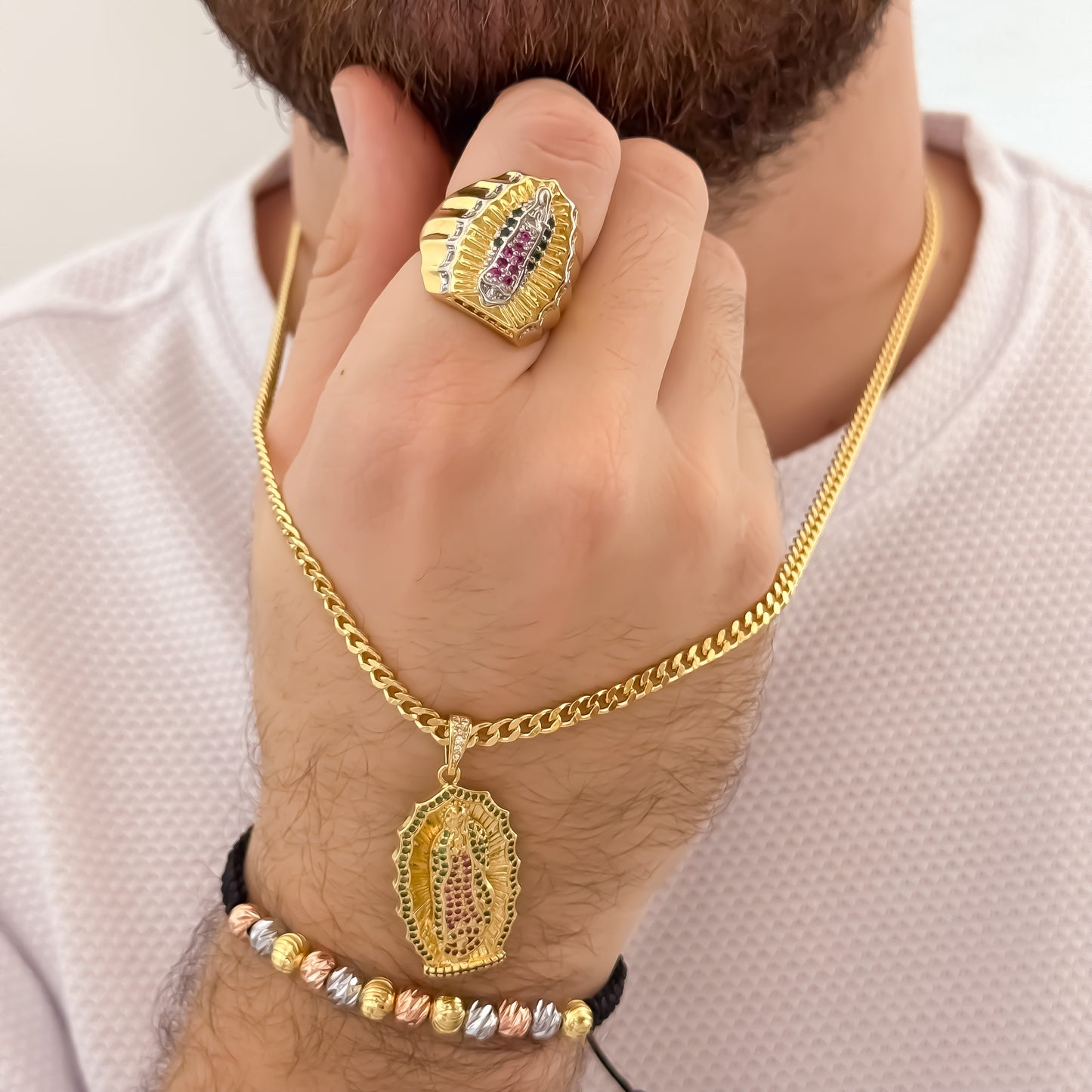 Cadena Tejido Cubana Hombre 60cm de 3mm + Virgen de Guadalupe talla Micro Circones + Anillo Virgen de Guadalupe + Pulseras de 3 Oros Balin italiano de 6mm en Oro Laminado 18k con Garantia de por vida