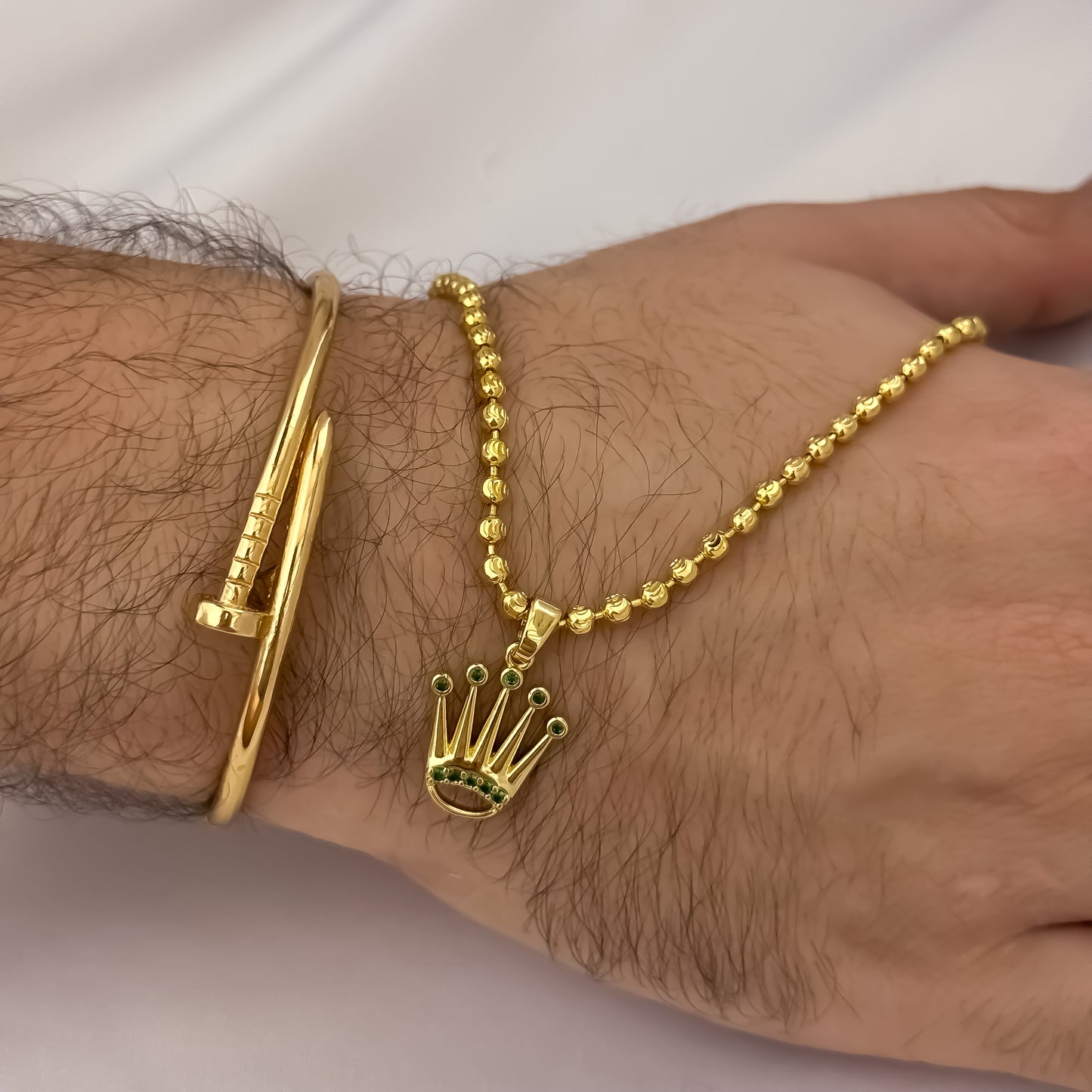 Cadena Tejido Militar de Hombre 60cm-4mm Diamantada + Corona Rolex con Micro Circones Verde Esmeralda + Pulsera Cartier clavo en Oro Laminado 18k con Garantía de por vida