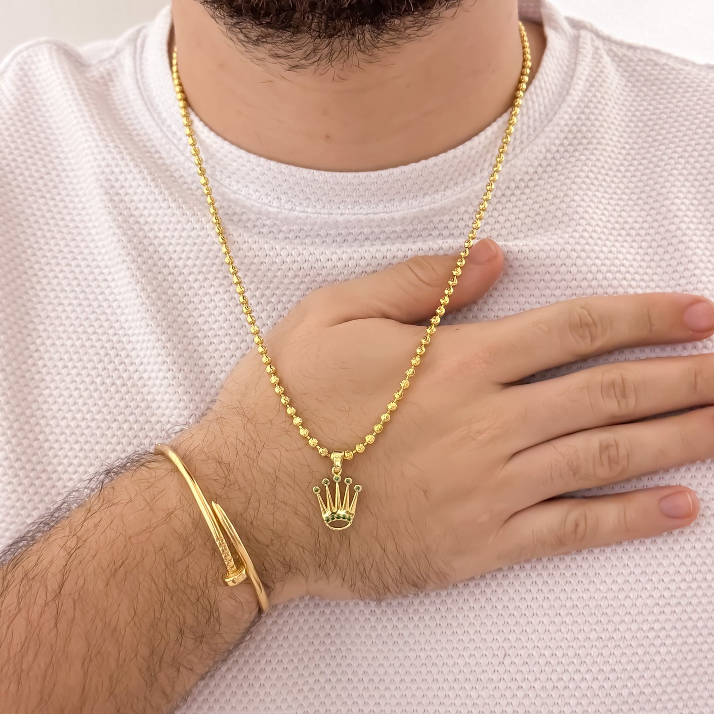 Cadena Tejido Militar de Hombre 60cm-4mm Diamantada + Corona Rolex con Micro Circones Verde Esmeralda + Pulsera Cartier clavo en Oro Laminado 18k con Garantía de por vida