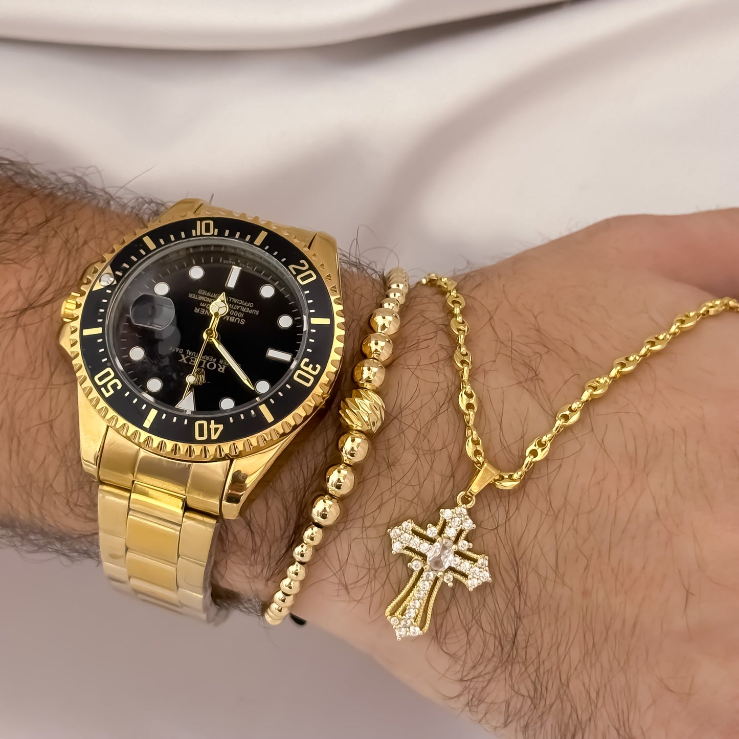 Cadena Tejido Gucci de Hombre de 60cm de 4mm + Cruz con Micro circones + Pulsera Full Balines de 4mm en Oro Laminado 18k con Garantia de por vida + Reloj Rolex de Hombre 1.1