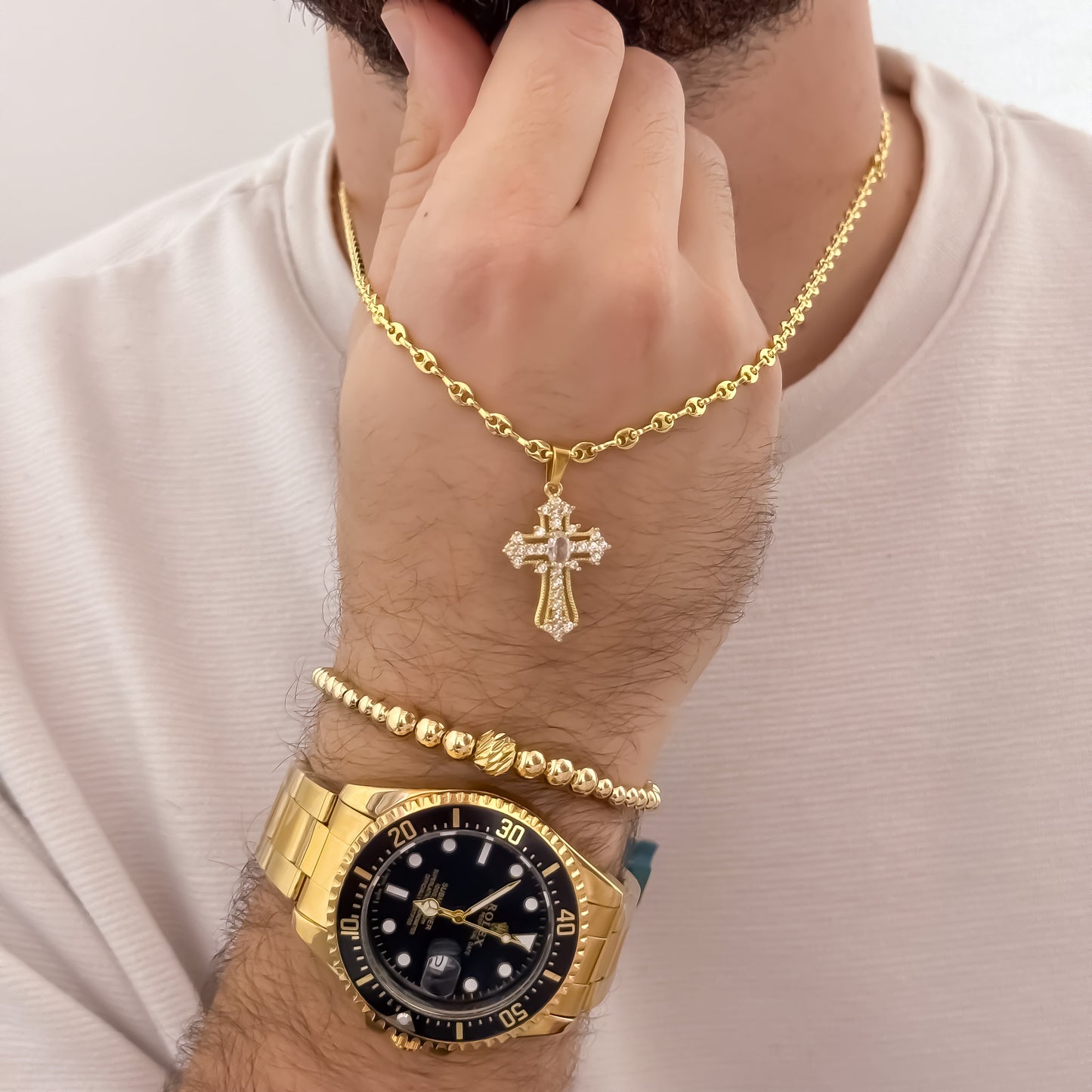 Cadena Tejido Gucci de Hombre de 60cm de 4mm + Cruz con Micro circones + Pulsera Full Balines de 4mm en Oro Laminado 18k con Garantia de por vida + Reloj Rolex de Hombre 1.1