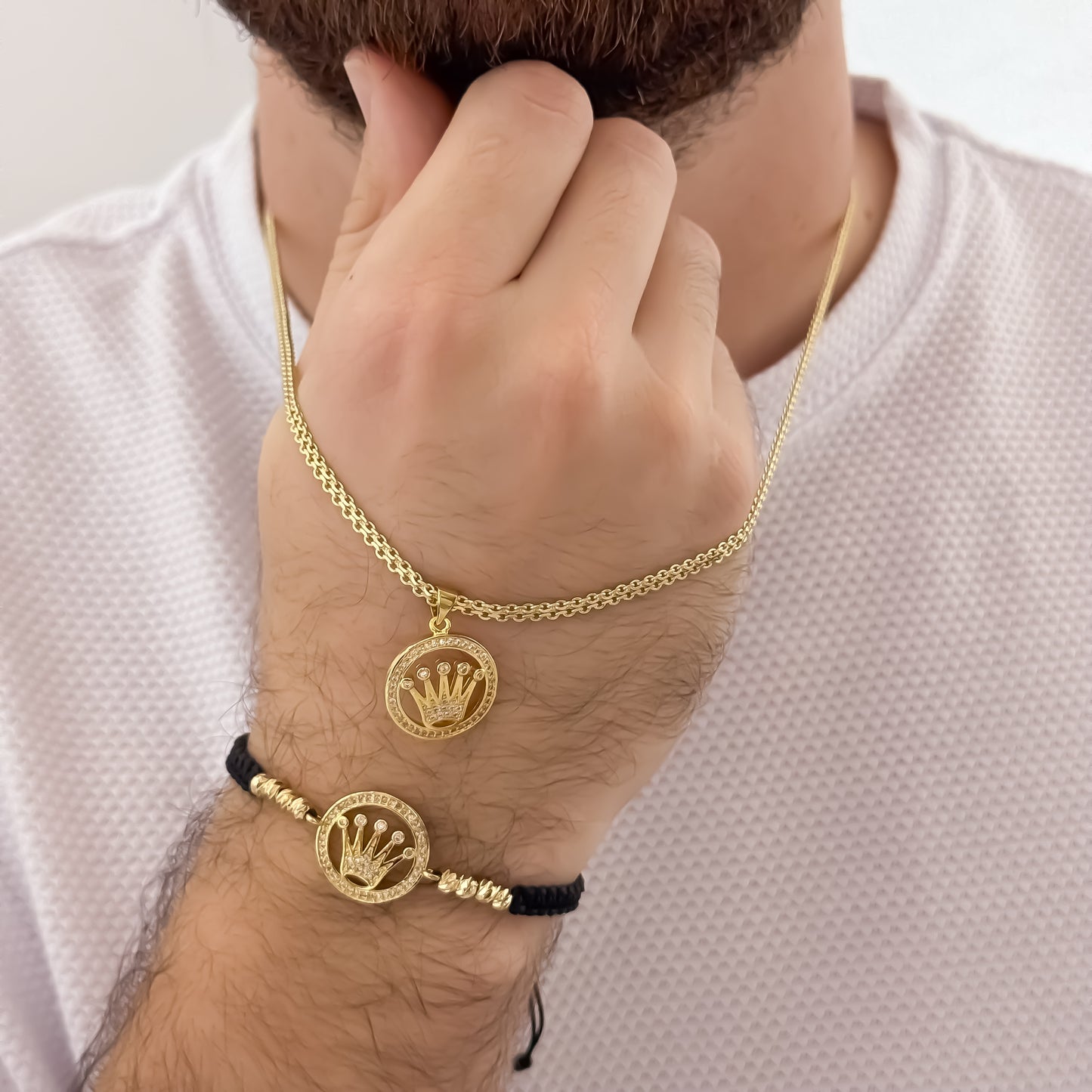 Cadena Tejido Chino de Hombre de 60cm de 3mm + Corona Rolex con Micro Circones Cristales + Pulsera Tejida Corona Rolex en Oro Laminado 18k con Garantia de por vida