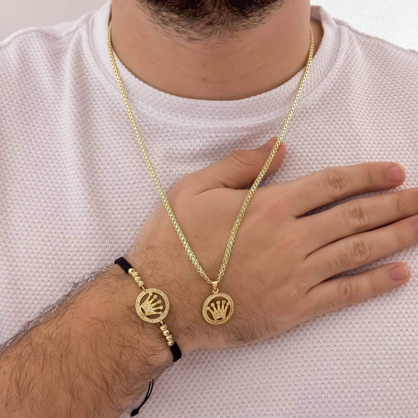 Cadena Tejido Chino de Hombre de 60cm de 3mm + Corona Rolex con Micro Circones Cristales + Pulsera Tejida Corona Rolex en Oro Laminado 18k con Garantia de por vida