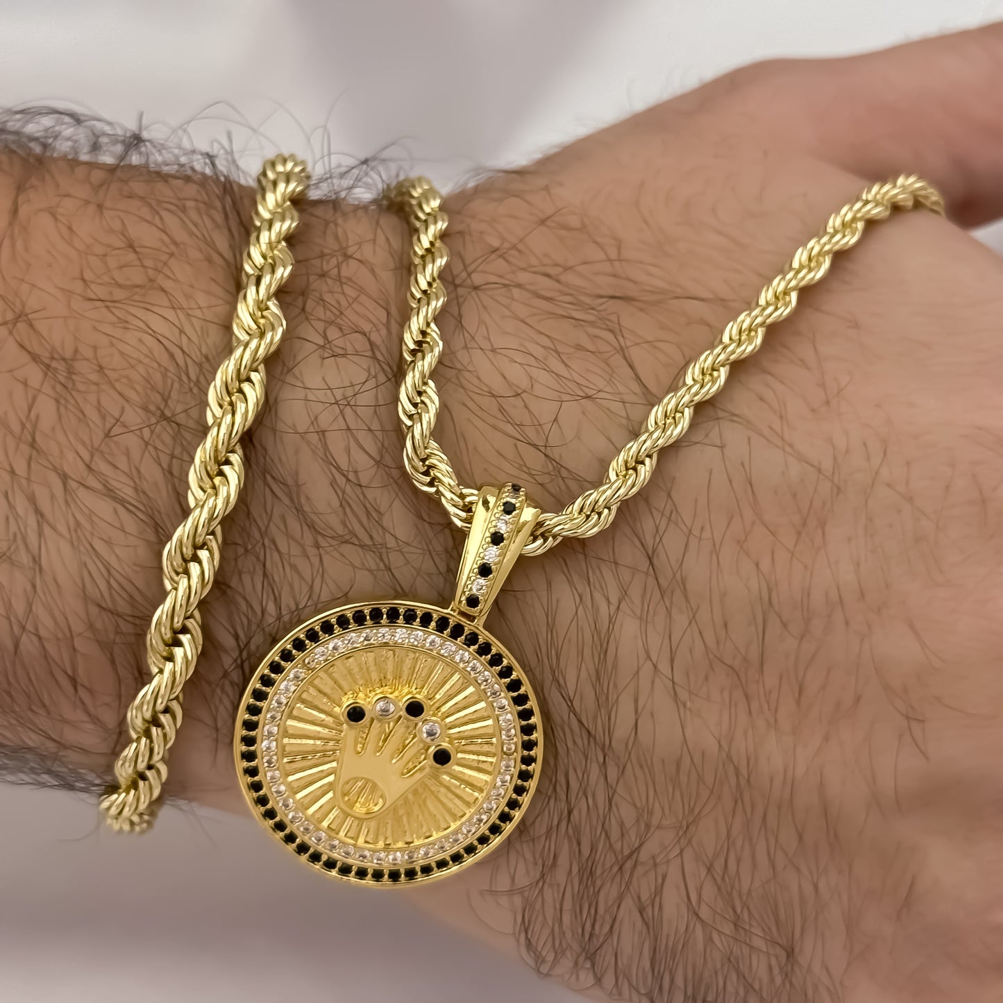 Cadena Tejido Lazo Gruesa de 60cm de 5mm + Corona Rolex con Micro Circones + Pulsera Lazo Gruesa de 20cm de 5mm