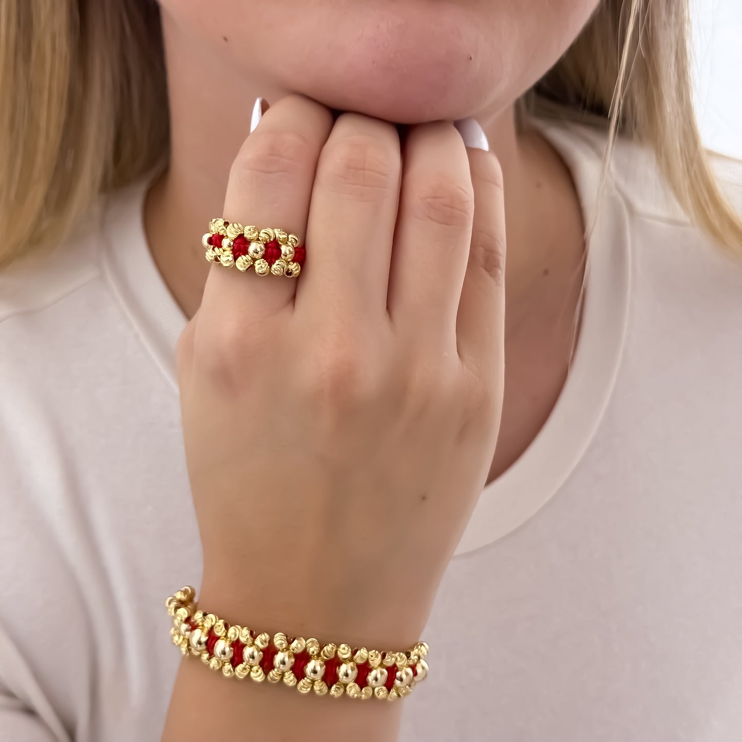 Juego de Pulsera Doble Carril en Balin Italiano de 4mm Liso de 5mm + Anillo Tejido en Balin Italiano en Oro Laminado 18k con Garantía de por vida