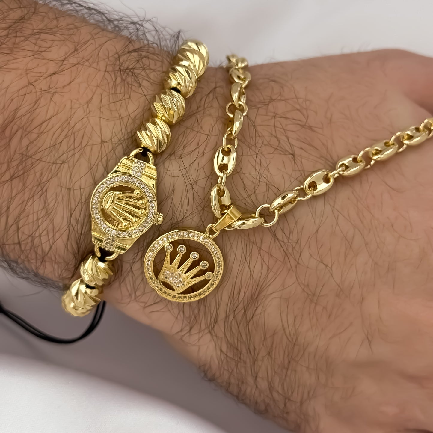 Cadena Tejido Gucci de Hombre de 60cm de 5mm + Corona Rolex con Micro Circones + Pulsera Rolex en Balin italiano de 8mm Diamantado en Oro Laminado 18k con Garantia de por vida
