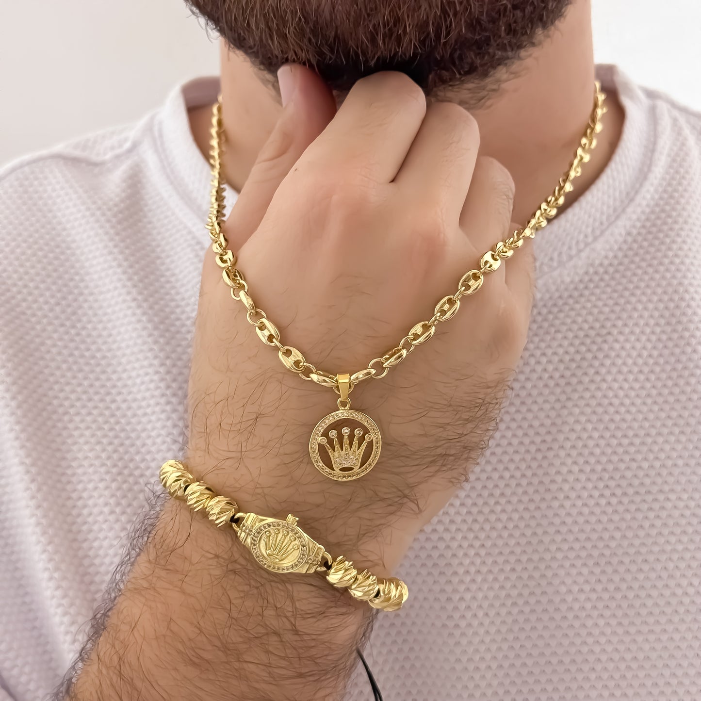 Cadena Tejido Gucci de Hombre de 60cm de 5mm + Corona Rolex con Micro Circones + Pulsera Rolex en Balin italiano de 8mm Diamantado en Oro Laminado 18k con Garantia de por vida
