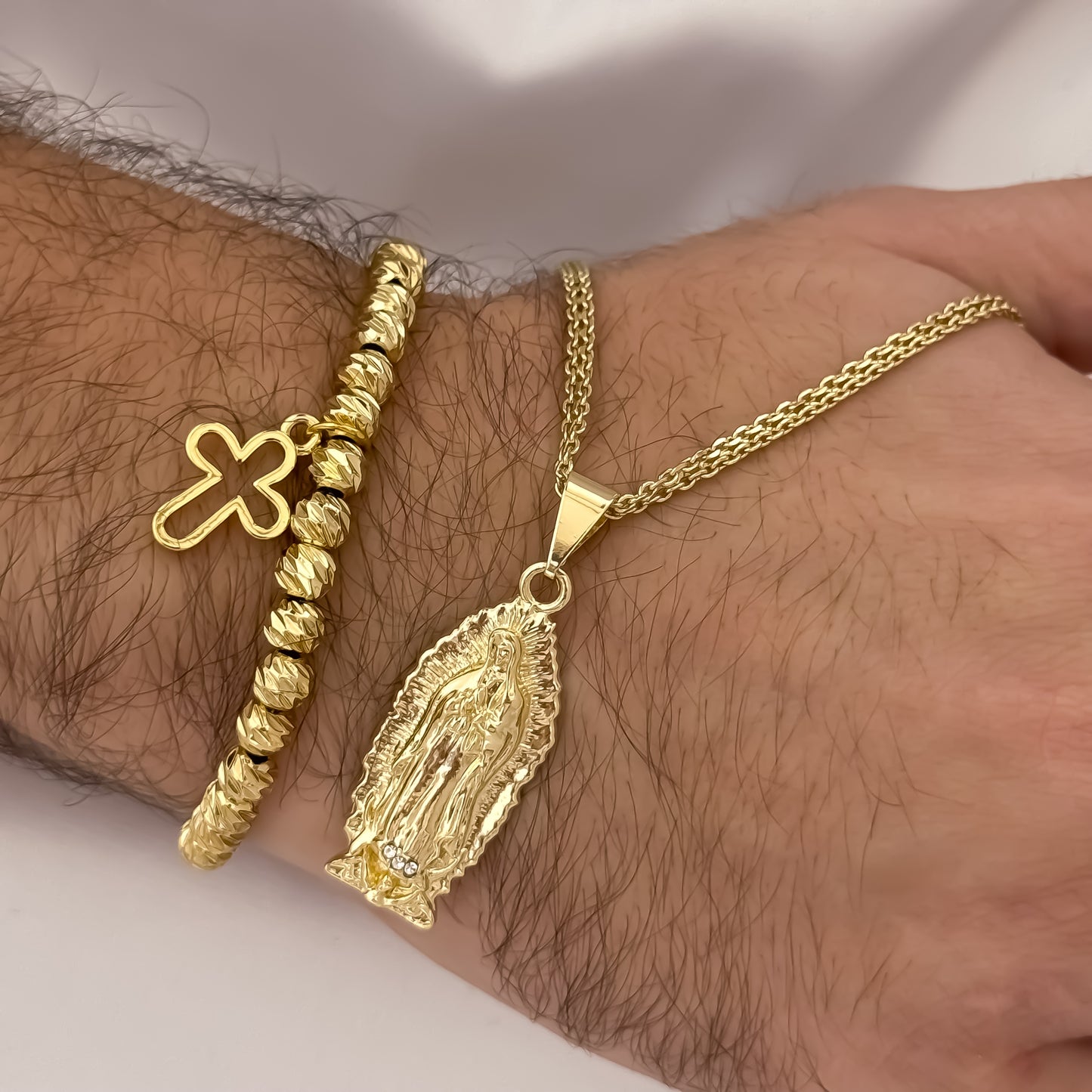 Cadena Tejido Chino de Hombre de 60cm de 3mm + Virgen de Guadalupe Tallada + Pulsera Cruz Silueta en Balin italiano de 6mm en Oro Laminado 18k con Garantia de por vida