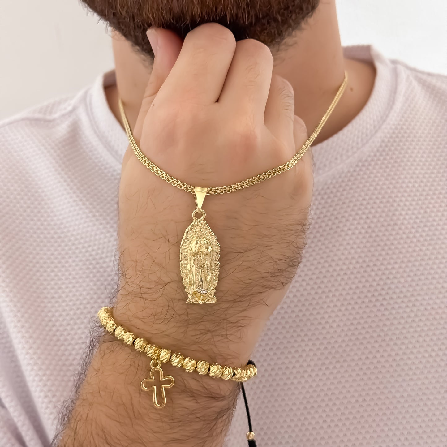 Cadena Tejido Chino de Hombre de 60cm de 3mm + Virgen de Guadalupe Tallada + Pulsera Cruz Silueta en Balin italiano de 6mm en Oro Laminado 18k con Garantia de por vida