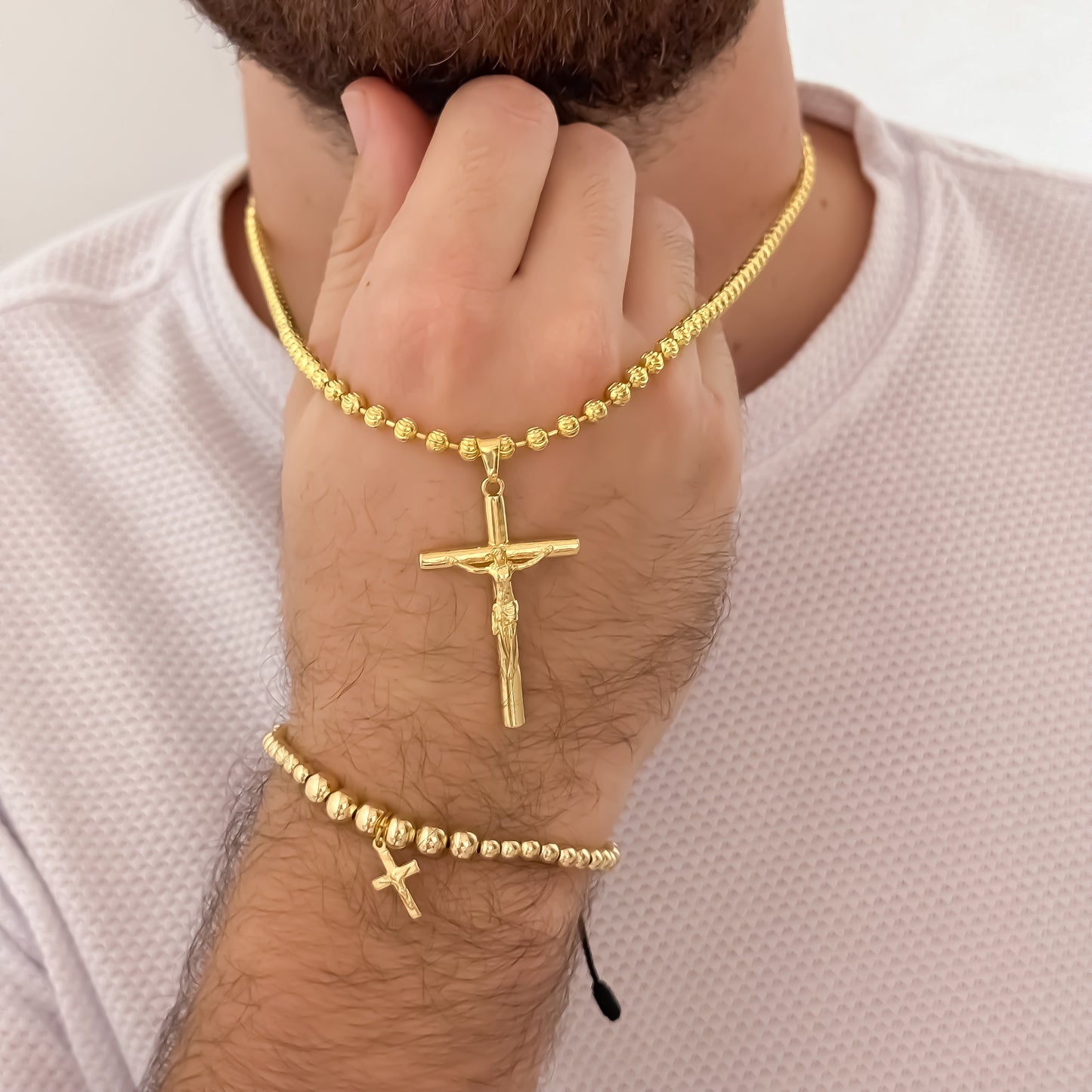 Cadena Tejido Militar Diamantada de Hombre de 60cm de 4mm + Cruz Cristo Madero Proteccion + Pulsera Full Balines Cruz Cristo Madero en Oro Laminado 18k con Garantia de por vida