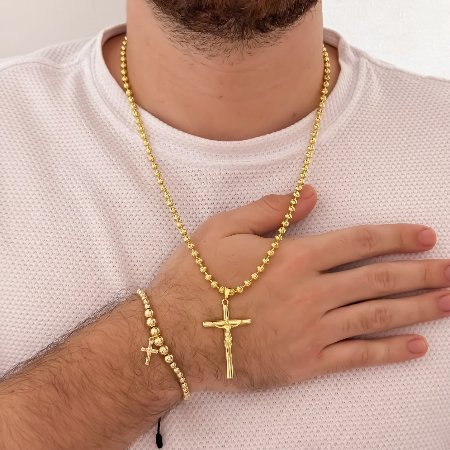 Cadena Tejido Militar Diamantada de Hombre de 60cm de 4mm + Cruz Cristo Madero Proteccion + Pulsera Full Balines Cruz Cristo Madero en Oro Laminado 18k con Garantia de por vida