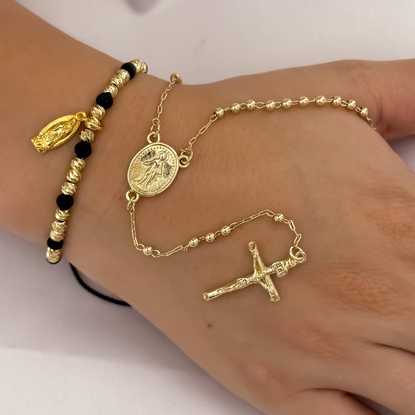 Camándula Virgen de Guadalupe de 50cm de 4mm + Pulseras Virgen de Guadalupe en Balin italiano de 4mm en Oro Laminado 18k con Garantia de por vida
