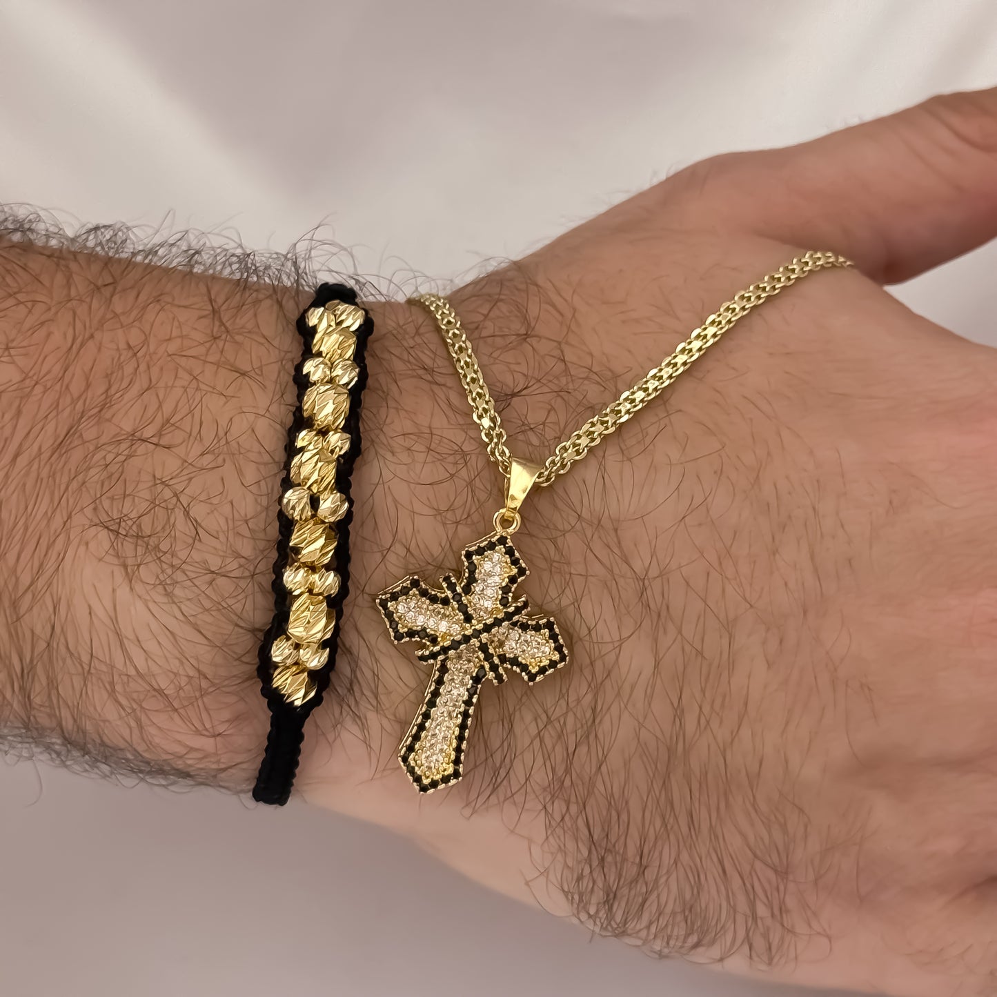 Cadena Tejido Chino de Hombre de 60cm de 3mm + Cruz Con Micro Circones de Colores + Pulseras balin Italiano de 6mm y 4mm en Oro Laminado 18k con Garantía de por vida