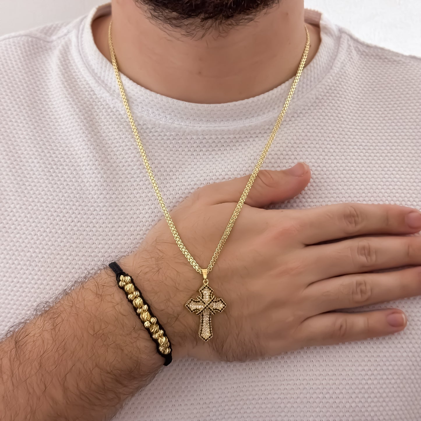 Cadena Tejido Chino de Hombre de 60cm de 3mm + Cruz Con Micro Circones de Colores + Pulseras balin Italiano de 6mm y 4mm en Oro Laminado 18k con Garantía de por vida