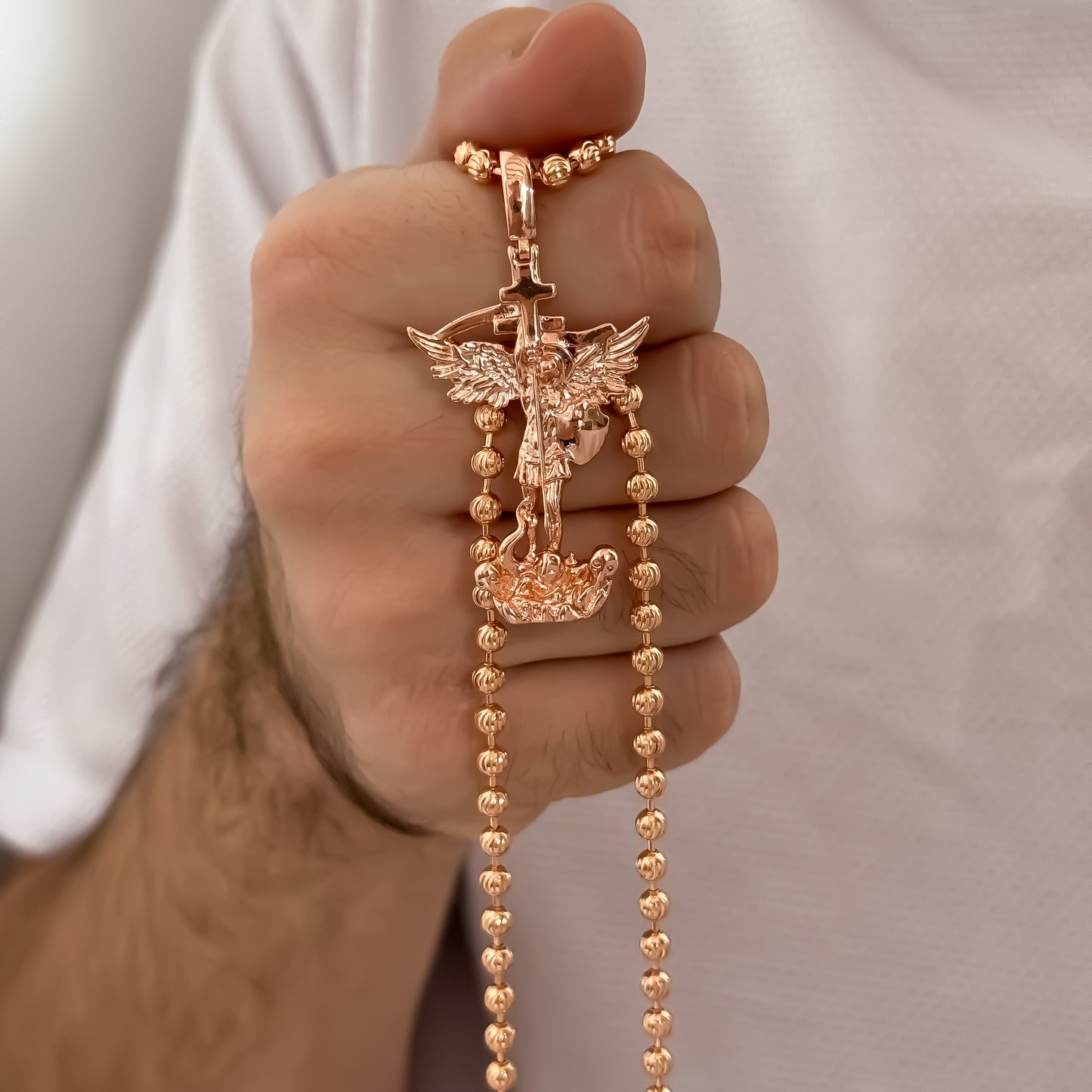 Cadena Tejido Militar Diamantada ORO ROSA de 60cm de 4mm + San Miguel Arcángel en Oro Lamiando 18k Rosa con Garantía de por vida