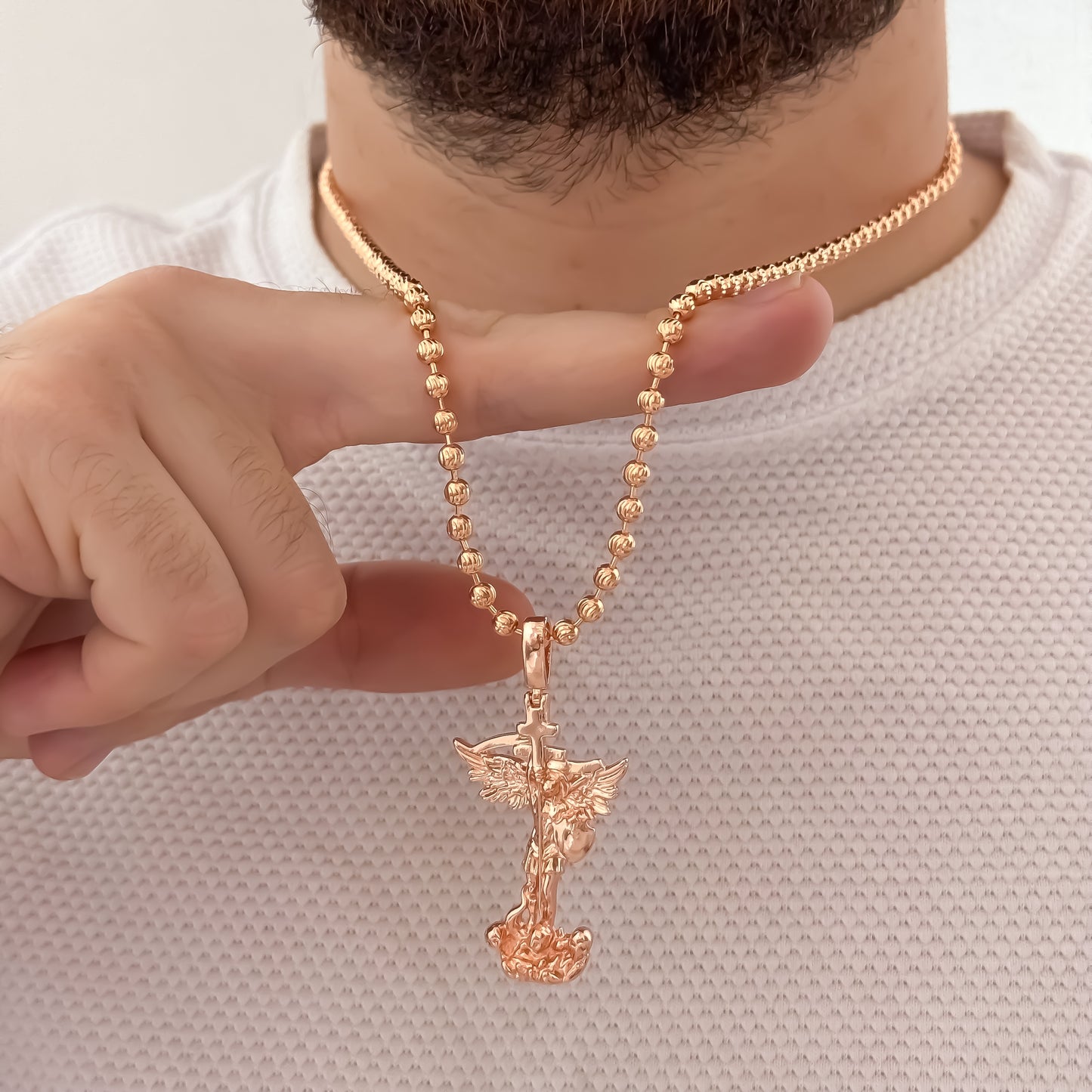 Cadena Tejido Militar Diamantada ORO ROSA de 60cm de 4mm + San Miguel Arcángel en Oro Lamiando 18k Rosa con Garantía de por vida