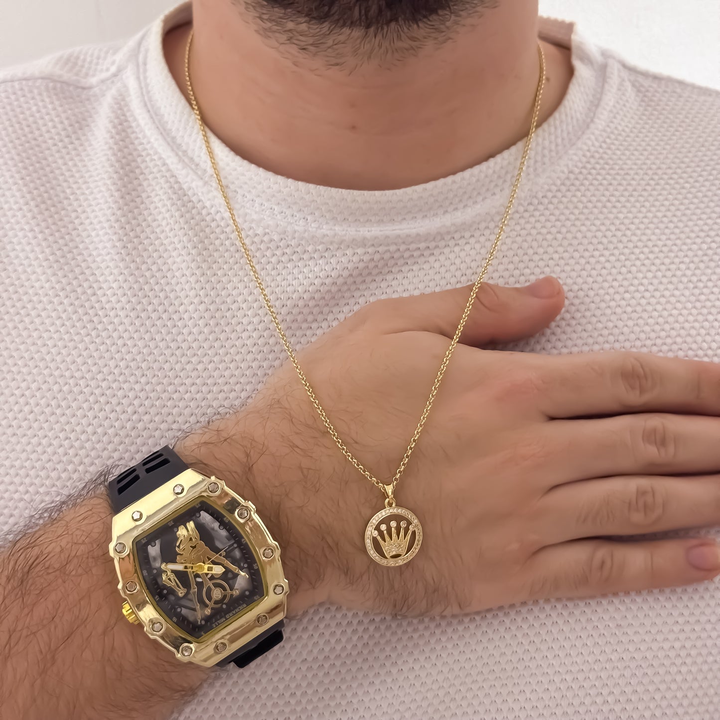 Cadena Cubana Delgada de Hombre de 60cm de 2mm + Corona Rolex Micro Circones Cristales + Reloj Richard en Oro Laminado 18k con Garantía de por vida