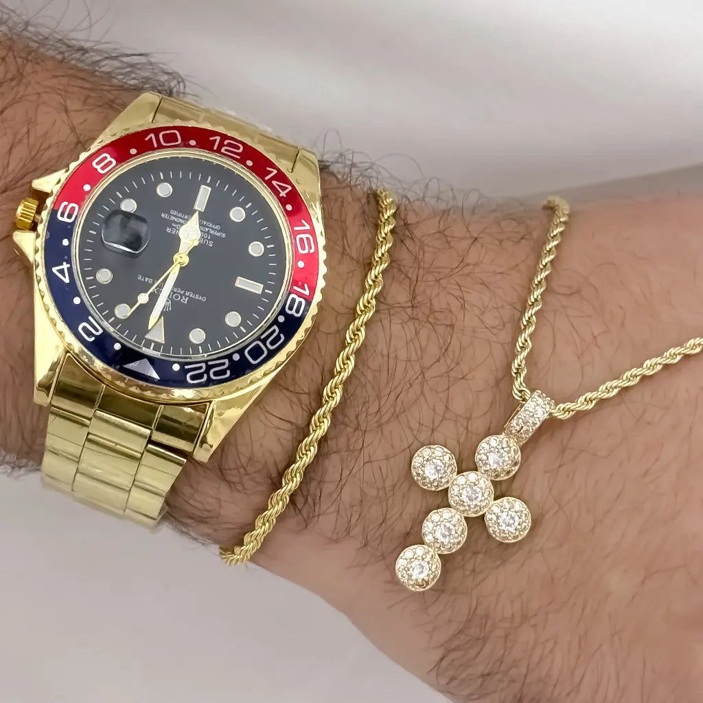 Cadena Tejido Lazo de Hombre de 60cm de 3mm de Grosor + Cruz Cristo con Circones Cristales de Pidras swarosky +Pulsera Lazo de 20cm de 3mm Grosor en oro Laminado |18k con Garantía de por vida + Reloj Rolex de Alta Gama con Garantia