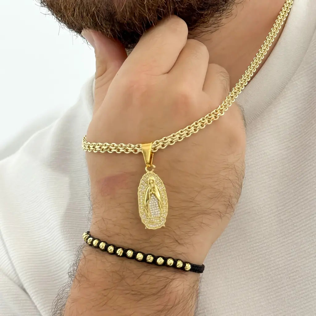 Conjunto Cadena Tejido Chino 60cm -5mm de Grosor + Virgen Guadalupe con Circones + Pulsera Balin italiano 5mm en Oro Laminado 18k con Garantia de por vida
