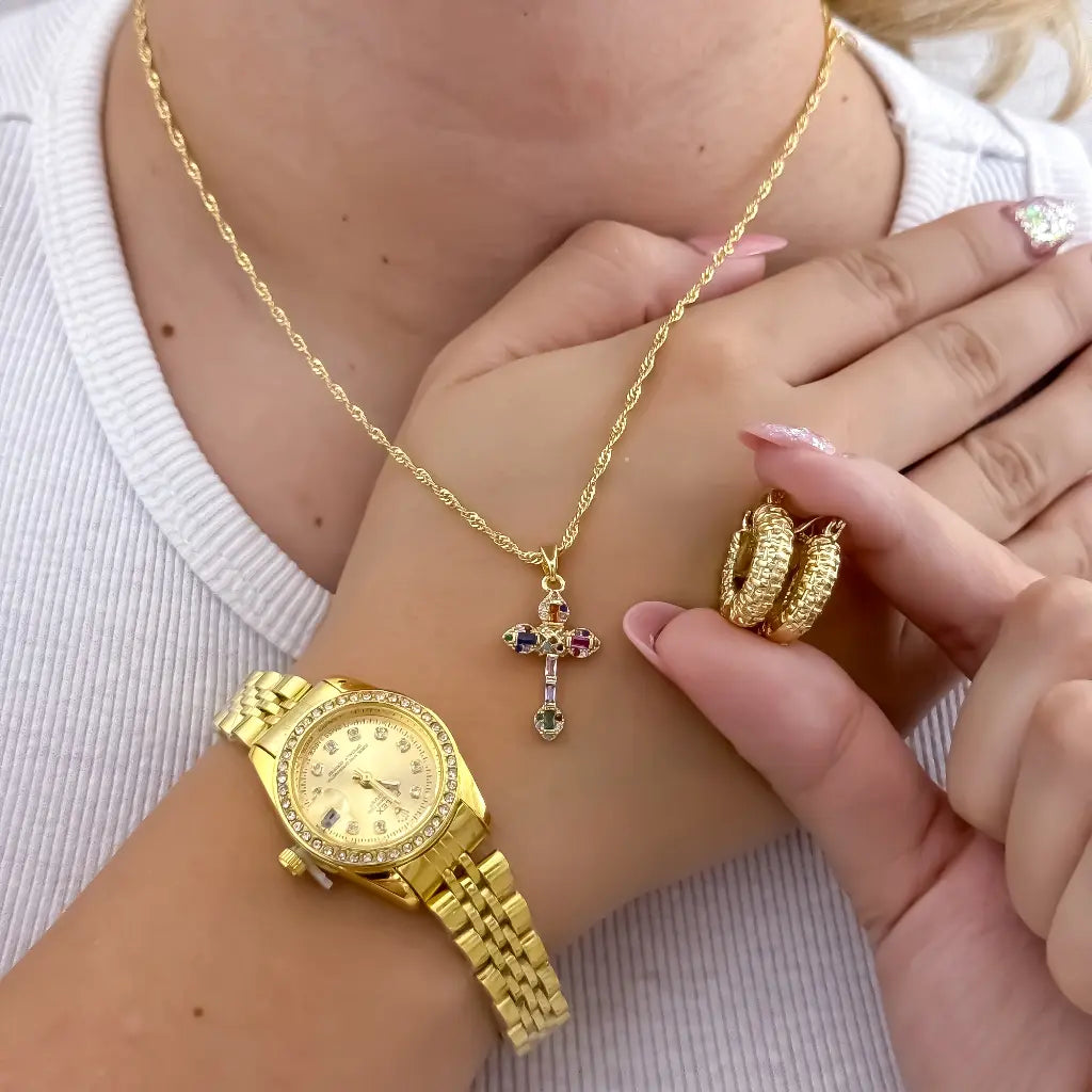 Cadena Singapur de Dama + Dije Cruz Vicolor + Candongas Diamantadas en Oro Laminado 18k con garantia de por vida + Reloj rolex de Dama Alta gama con Garantia