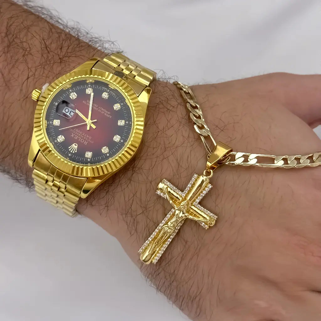 Cadena Tejido Catier de Hombre 60cm + Cruz cristo Madero con Micro circones en Oro Laminado 18k con Garantia de por vida