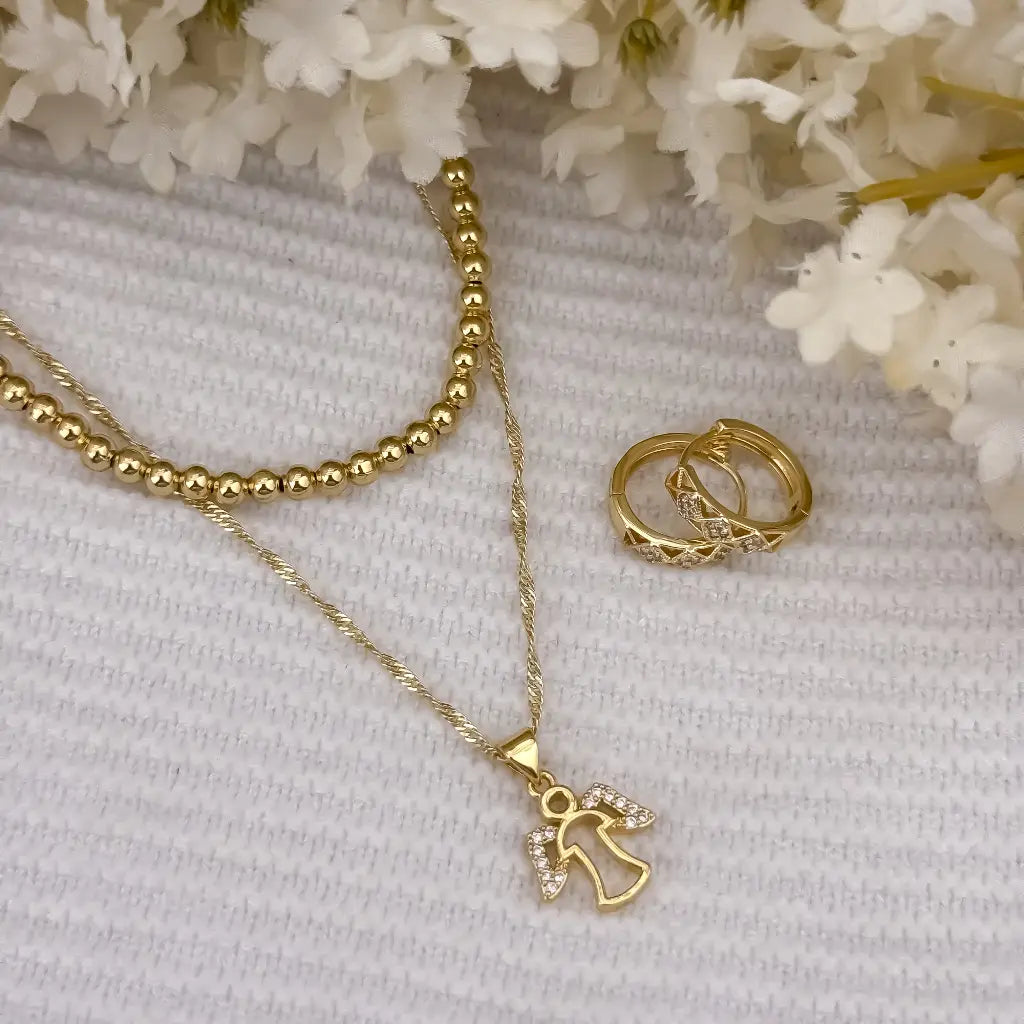 Conjunto para Dama de Cadena Militar de Dama en Choker de 40cm + Cadena Singapur de Dama de 50cm + Dije de Angel Protector + Candongas con micro circones en Oro Laminado 18k con Garantia de por vida