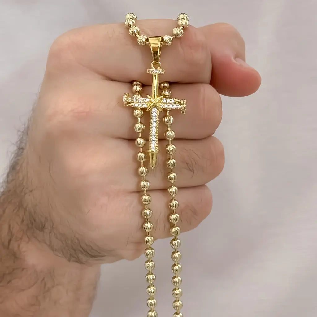 Cadena Tejido Militar de hombre de 60cm de 4.5mm de Grosor + Cruz Clavo de Micro circones Cristales en Oro Laminado 18k con Garantia de por vida