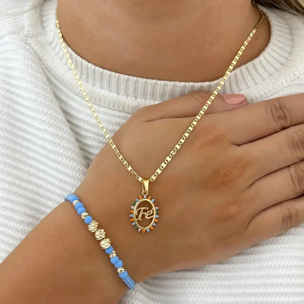 Cadena Tejido Escalera Plana + Dije de Fe con circones + Pulsera Balin Italaino en Oro Laminado 18k con Garantia de por vida